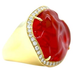 Hubert Mexican Fire Opal Diamond 18k Yellow Gold Halo Cocktail Ring