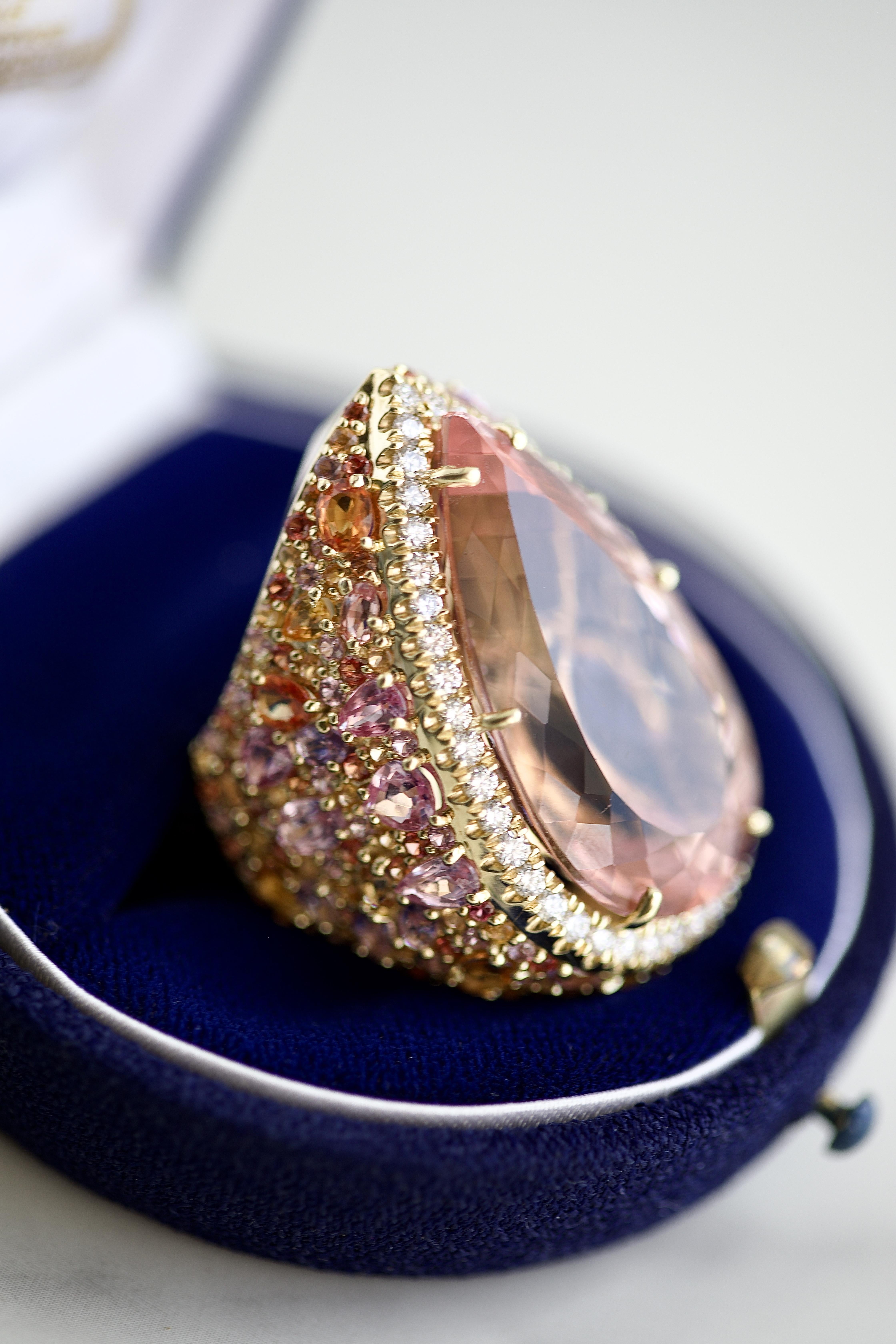 Pear Cut Hubert Morganite Sapphire Diamond 18k gold Cocktail Ring For Sale