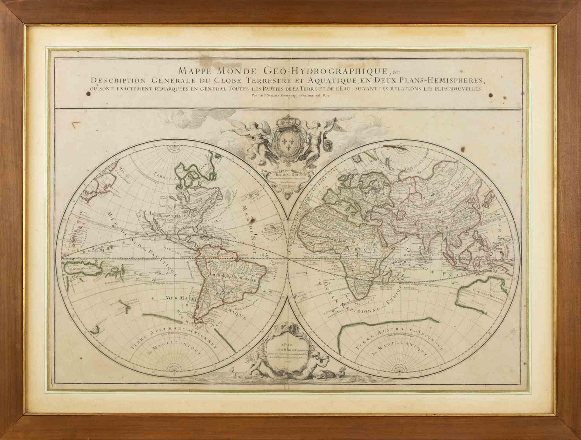 La carte du monde est une œuvre d'art moderne originale réalisée par Hubert Nicholas - Jaillot, imprimée par Louis Cordier à Paris en 1719.

Gravure sur cuivre

L'œuvre représente deux hémisphères, des continents avec des bordures colorées, le titre