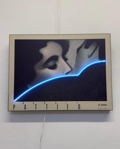 Hubert Pattieu "The Kiss" Print with Blue Neon Accent Wall Art Sculpture, 1985