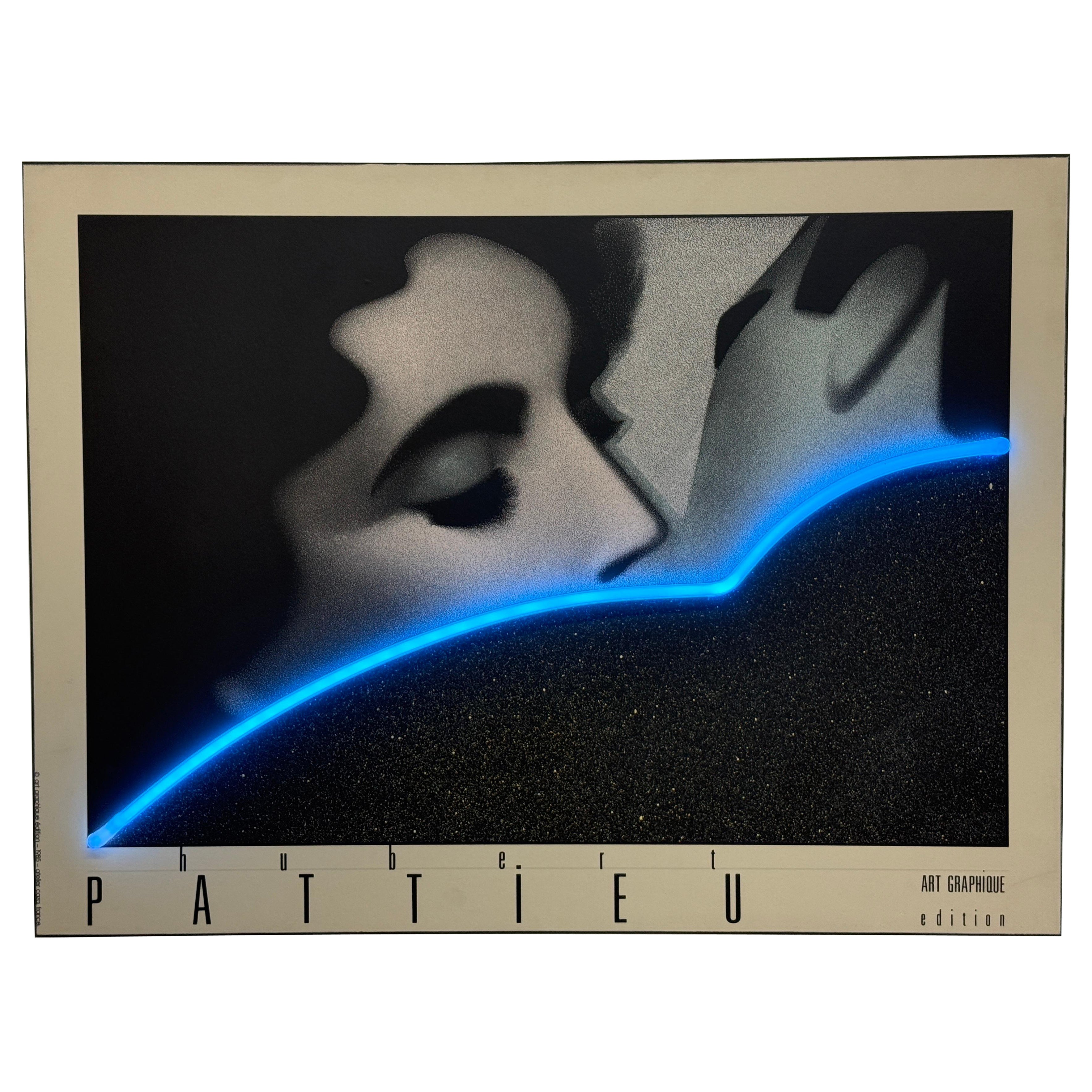 Hubert Pattieu "The Kiss" Print with Blue Neon Accent Wall Art Sculpture, 1985 For Sale