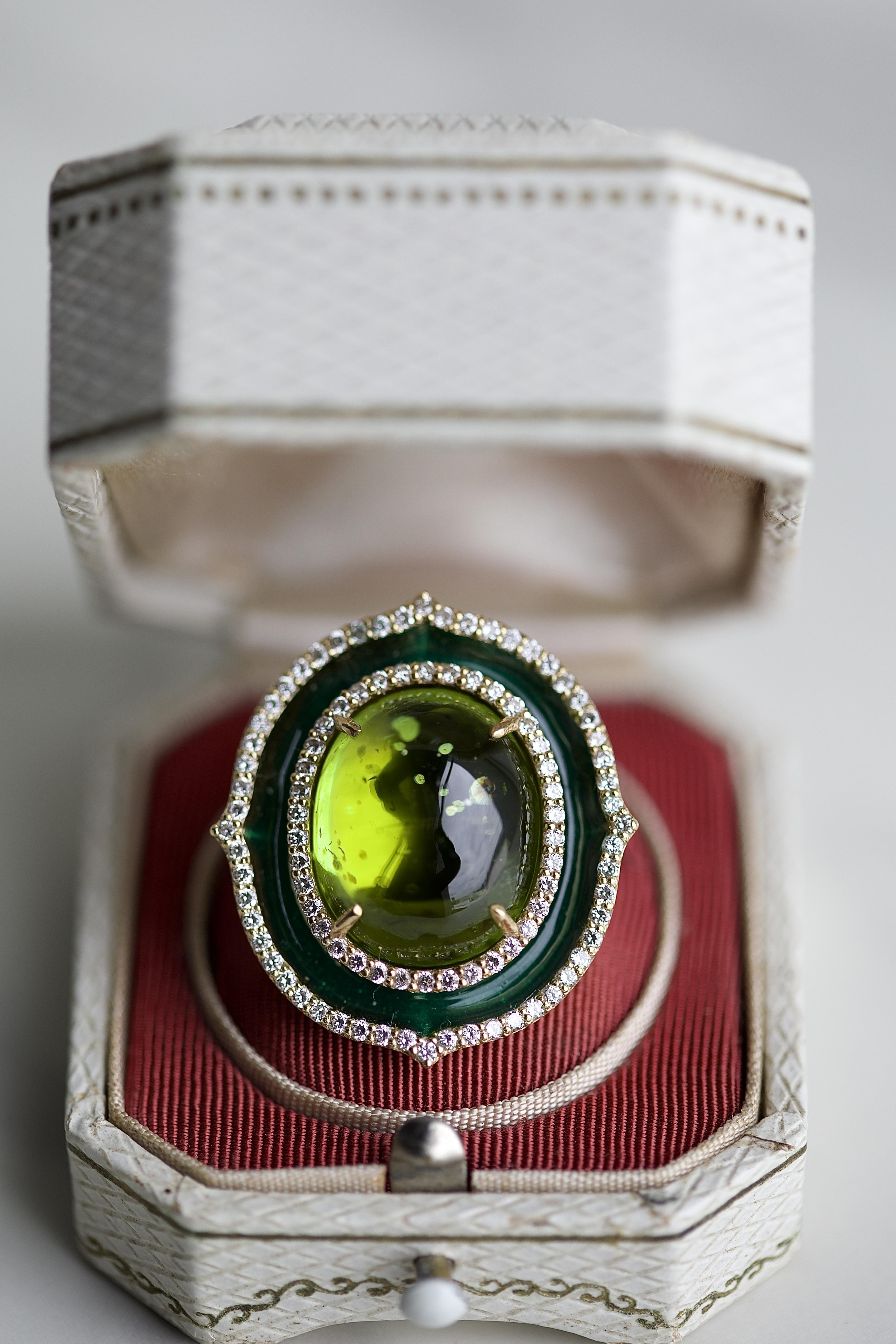 Hubert Peridot Diamant-Emaille-Cocktailring aus Gelbgold (Cabochon)
