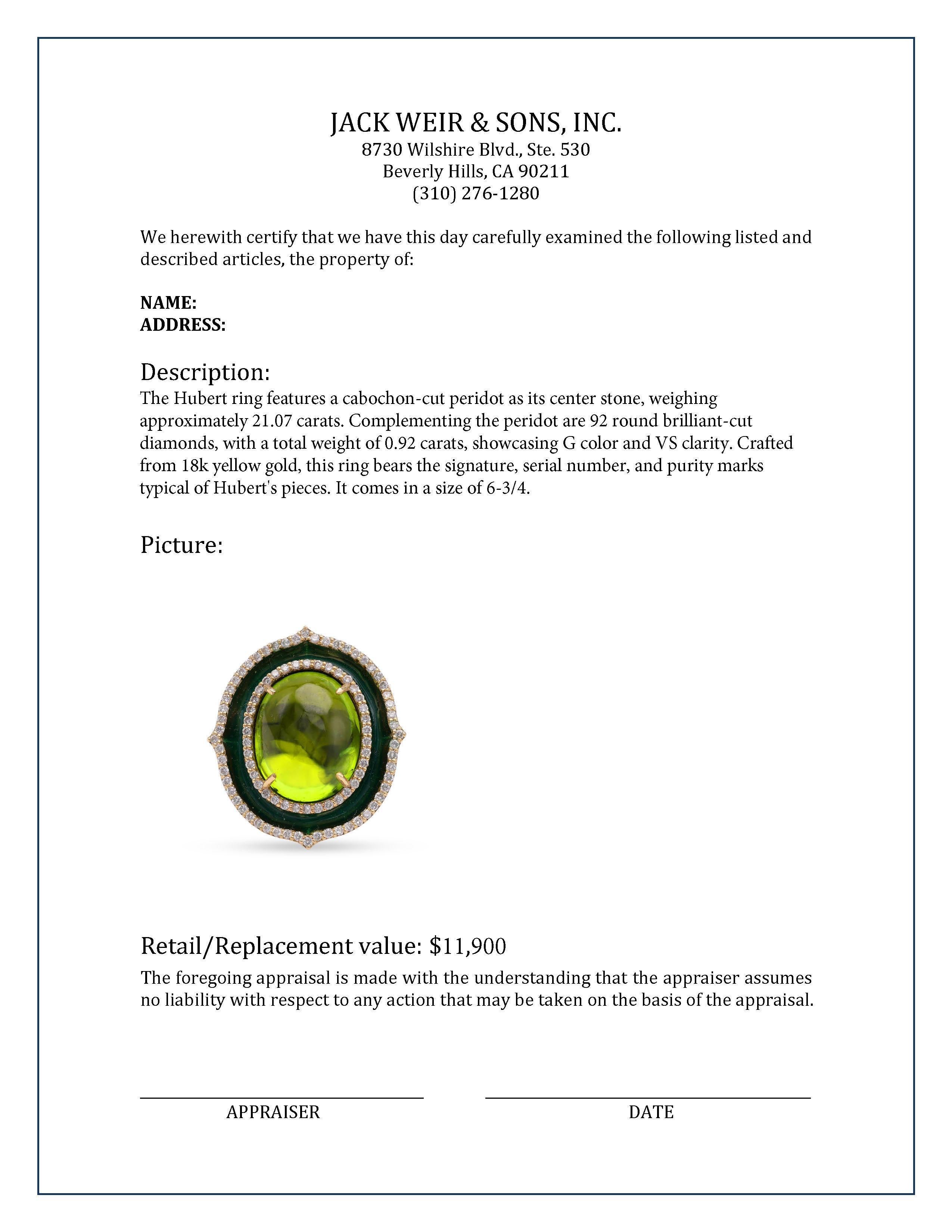 Hubert Peridot Diamant-Emaille-Cocktailring aus Gelbgold im Zustand „Hervorragend“ in Beverly Hills, CA
