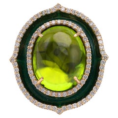 Vintage Hubert Peridot Diamond Enamel Yellow Gold Cocktail Ring