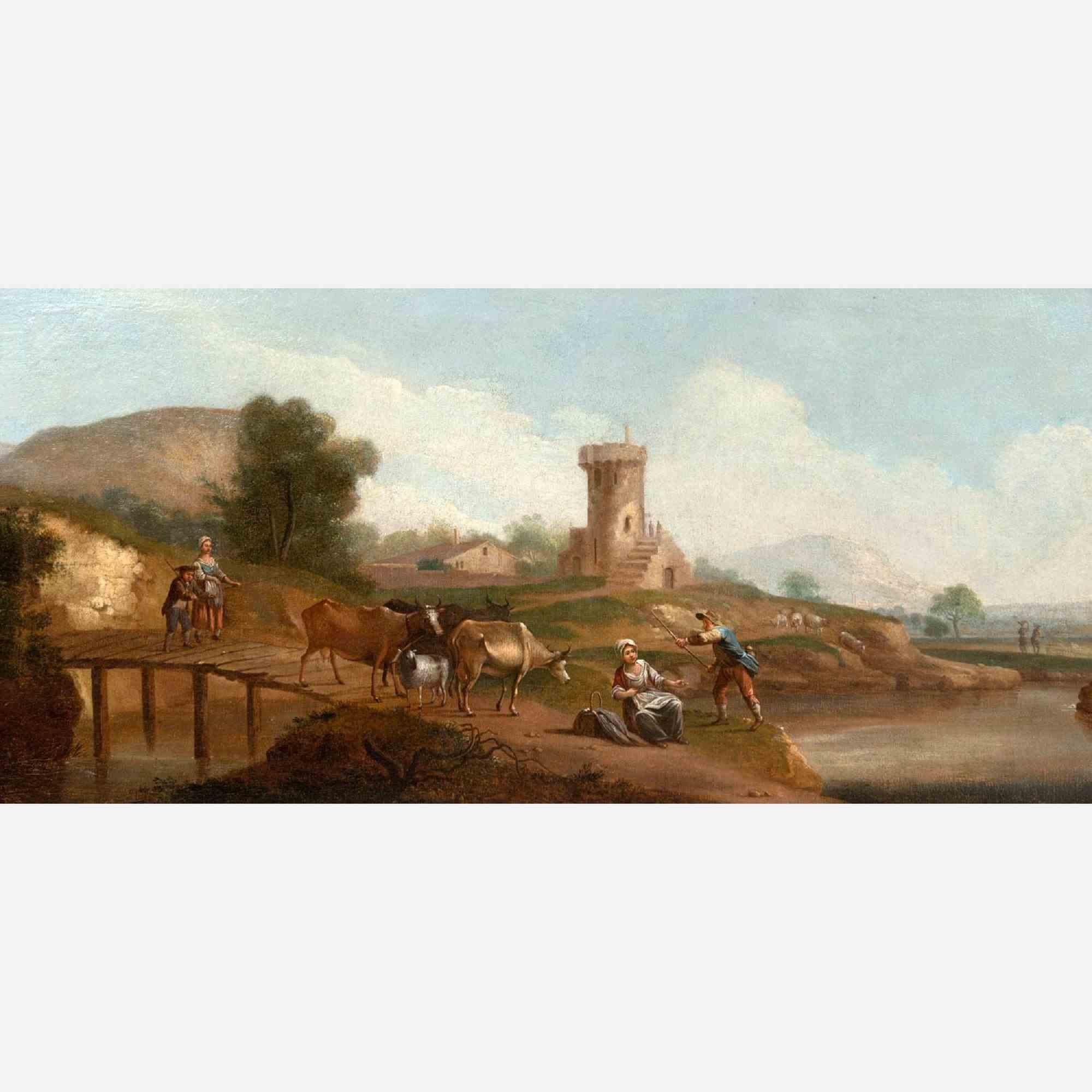 Landscape with Peasants by a River - Oil Paint - Late 18th Century - Painting by Hubert Robert