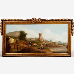 Landscape with Peasants by a River - Oil Paint - Late 18th Century