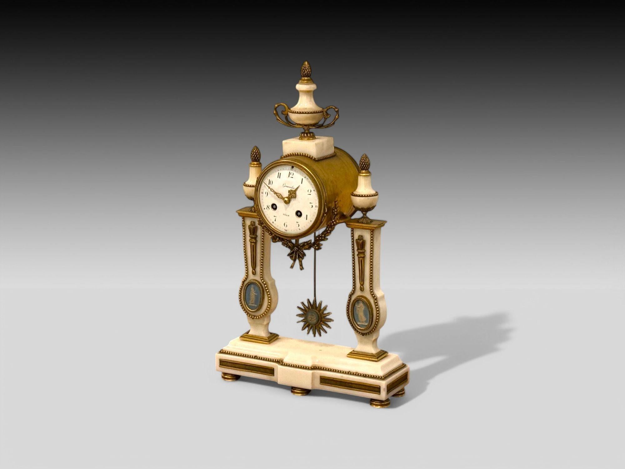 Hubert Sarton Style, Louis XVI, Porcelain, Bronze, Marble, Mantle Clock, France, 19th C.

A Louis XVI style mantle clock after one of Belgium's greatest clockmakers, Hubert Sarton (1748-1828). This example having a portic pendulum in white marble