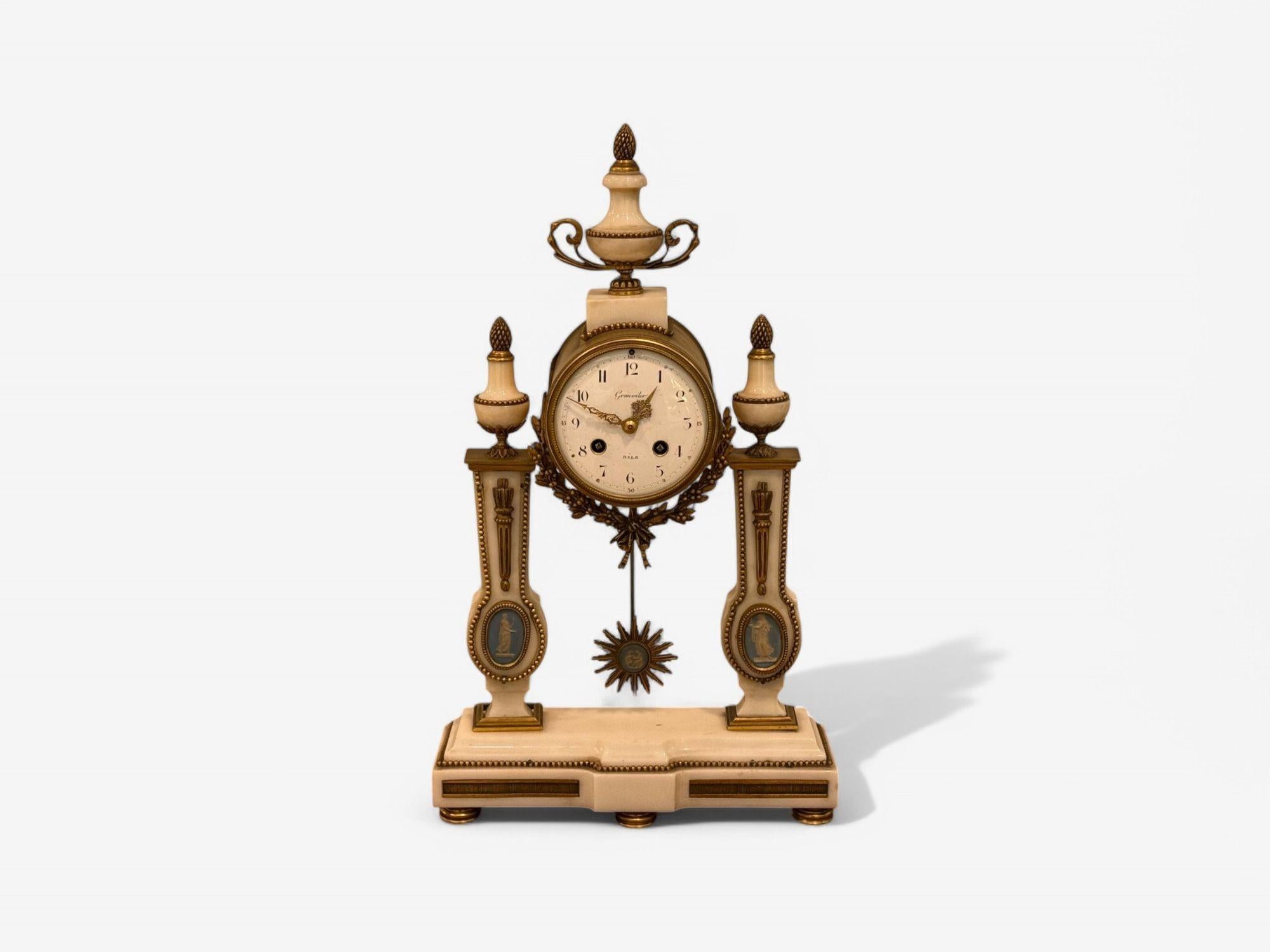 French Hubert Sarton Style, Louis XVI, Porcelain, Bronze, Marble, Mantle Clock, 19th C. For Sale