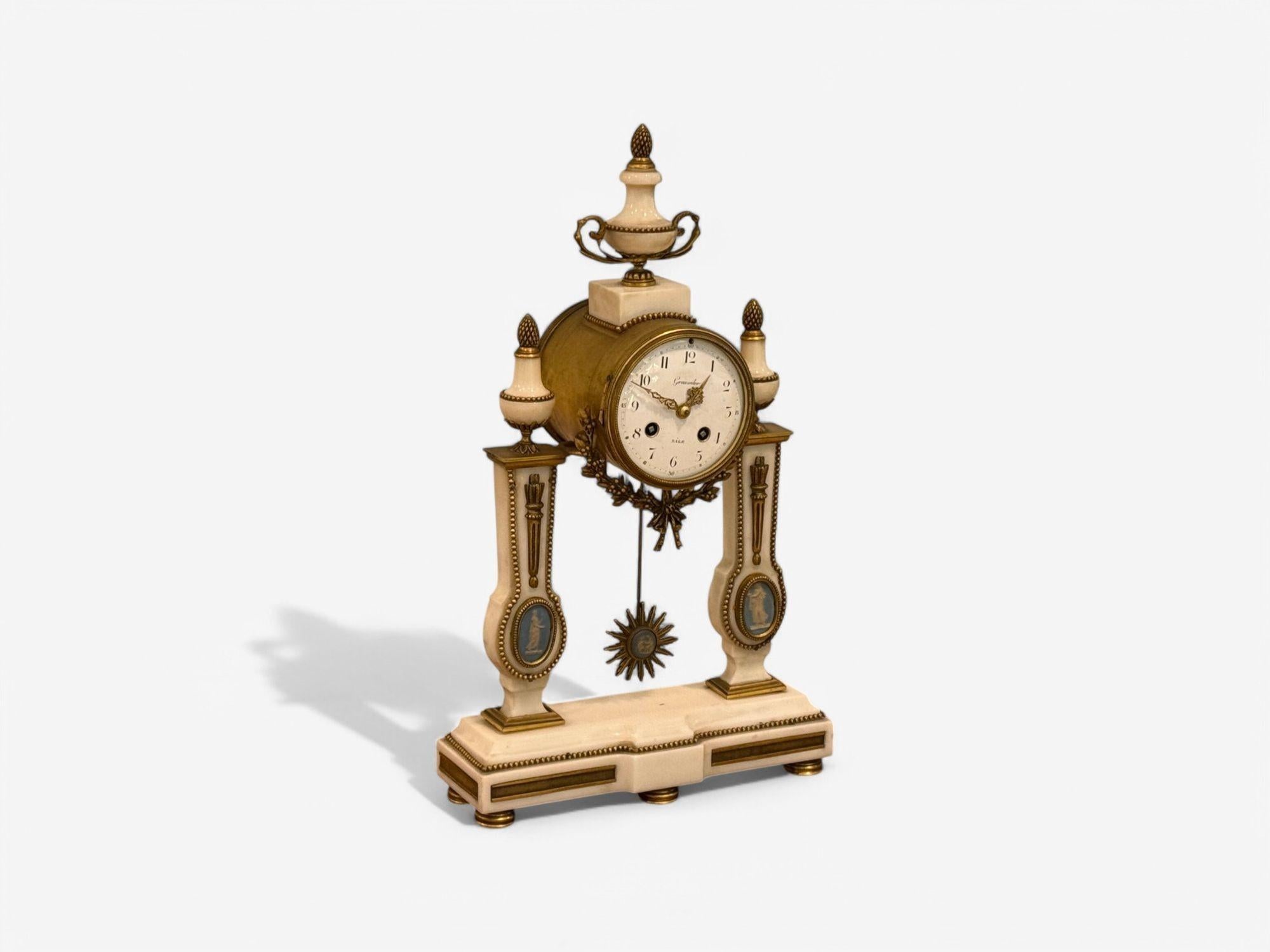 Hubert Sarton Style, Louis XVI, Porcelain, Bronze, Marble, Mantle Clock, 19th C. In Good Condition For Sale In Manhasset, NY