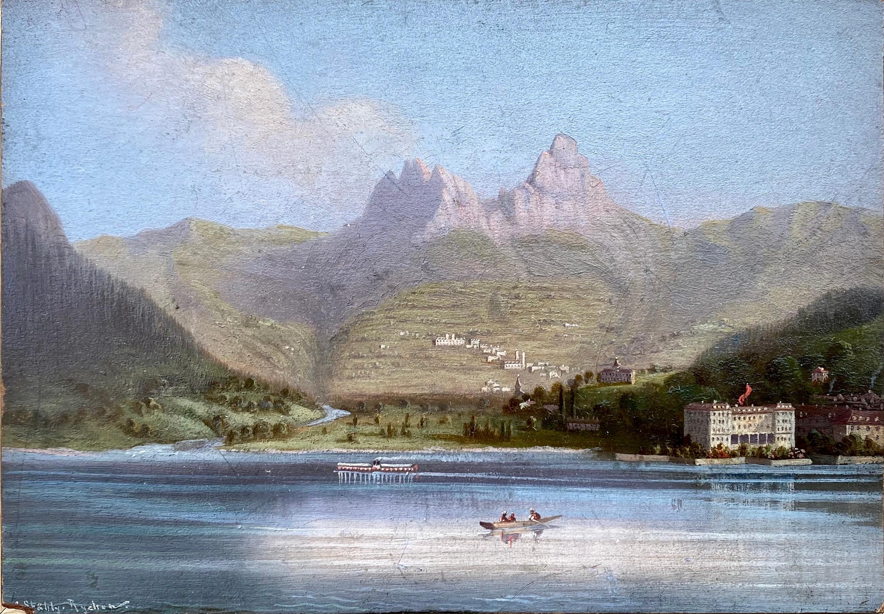 Mountain and lake a fresh Swiss summer holiday, boats on Lake Lucerne miniature  - Painting by Hubert Sattler
