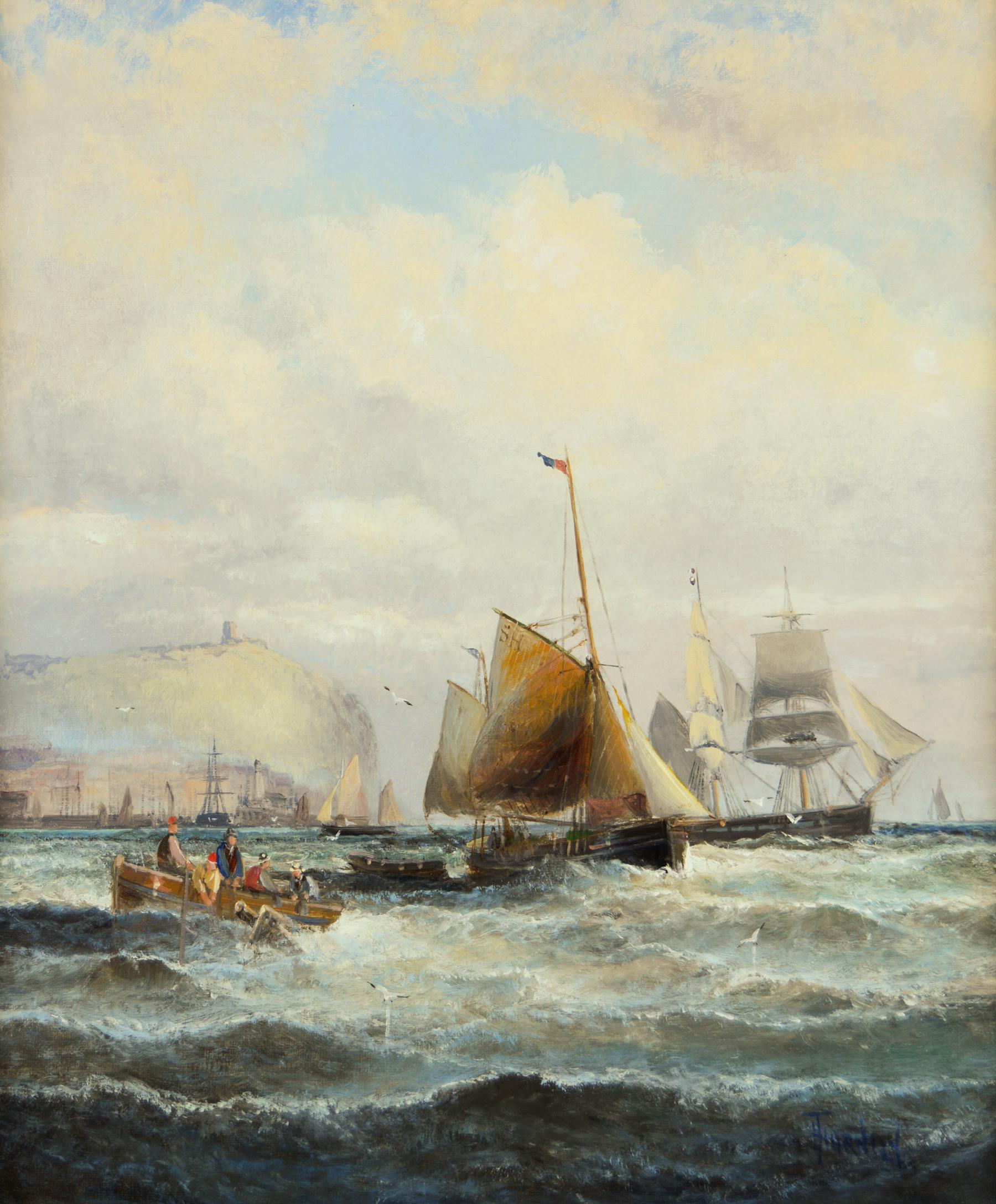 19th Century marine seascape oil painting of shipping off Scarborough - Painting by Hubert Thornley