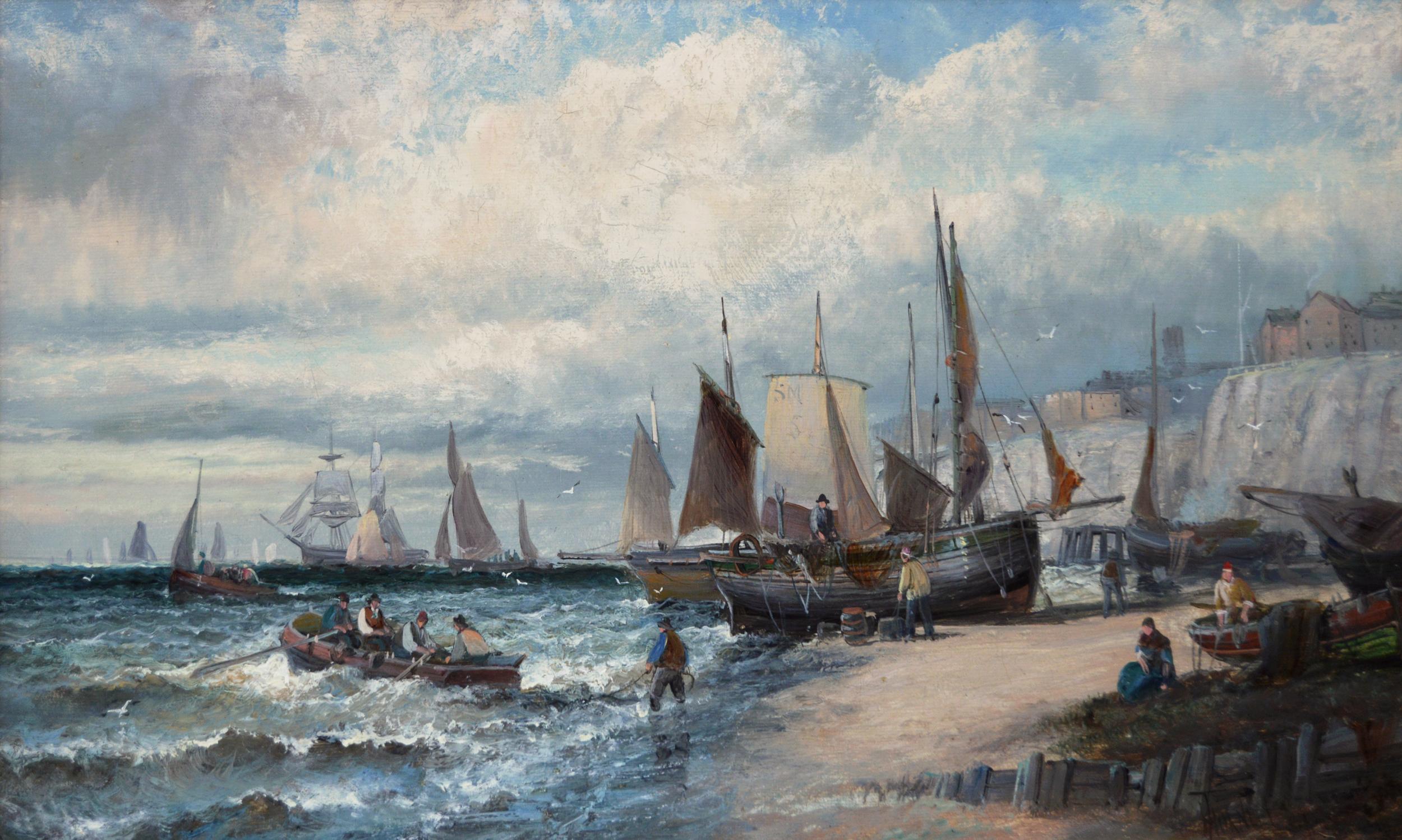 19th Century pair of seascape oil paintings of boats at Dover & the Medway - Painting by Hubert Thornley