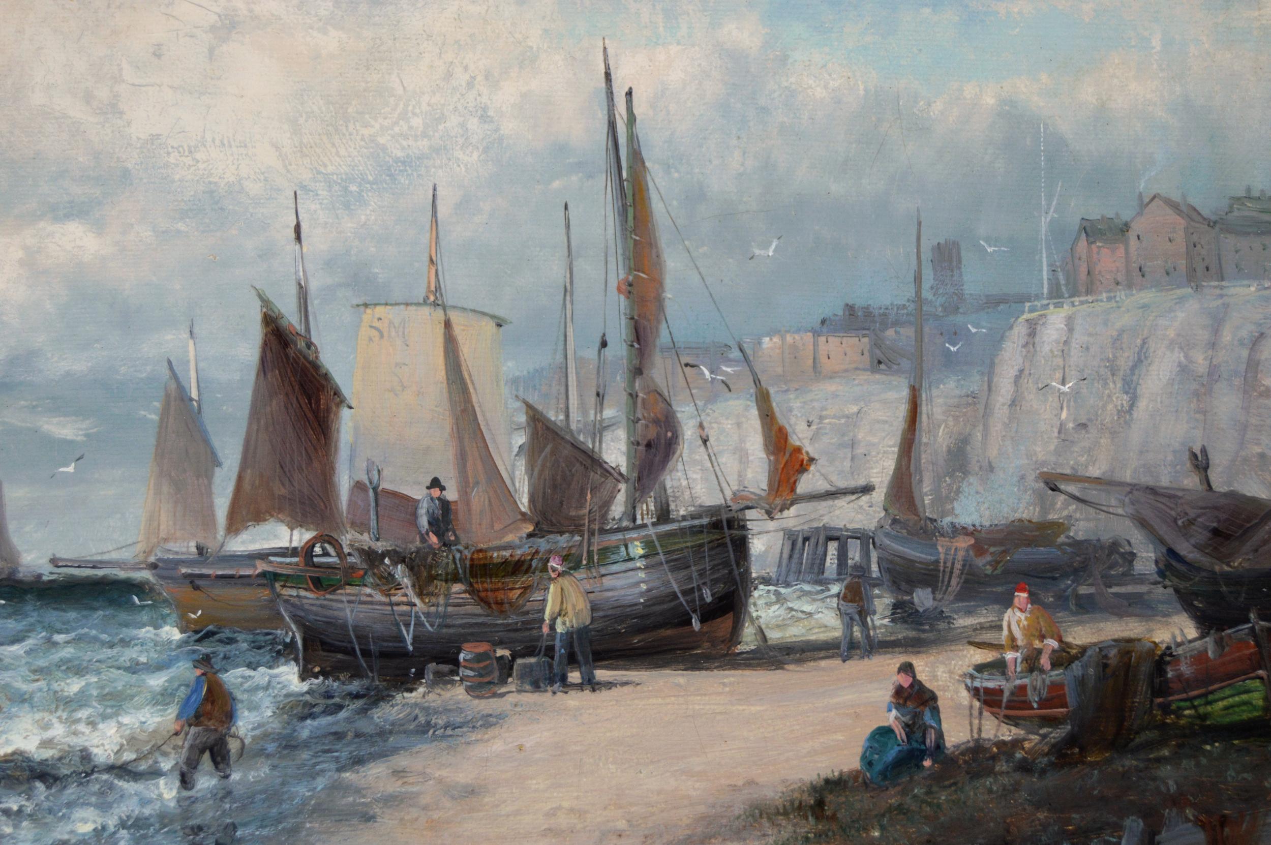 19th Century pair of seascape oil paintings of boats at Dover & the Medway - Brown Landscape Painting by Hubert Thornley
