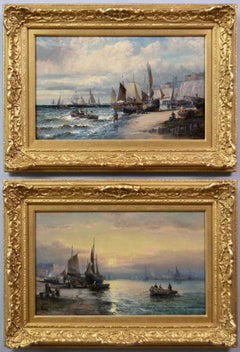 19th Century pair of seascape oil paintings of boats at Dover & the Medway