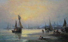 19th Century pair of seascape oil paintings of fishing boats near Rochester