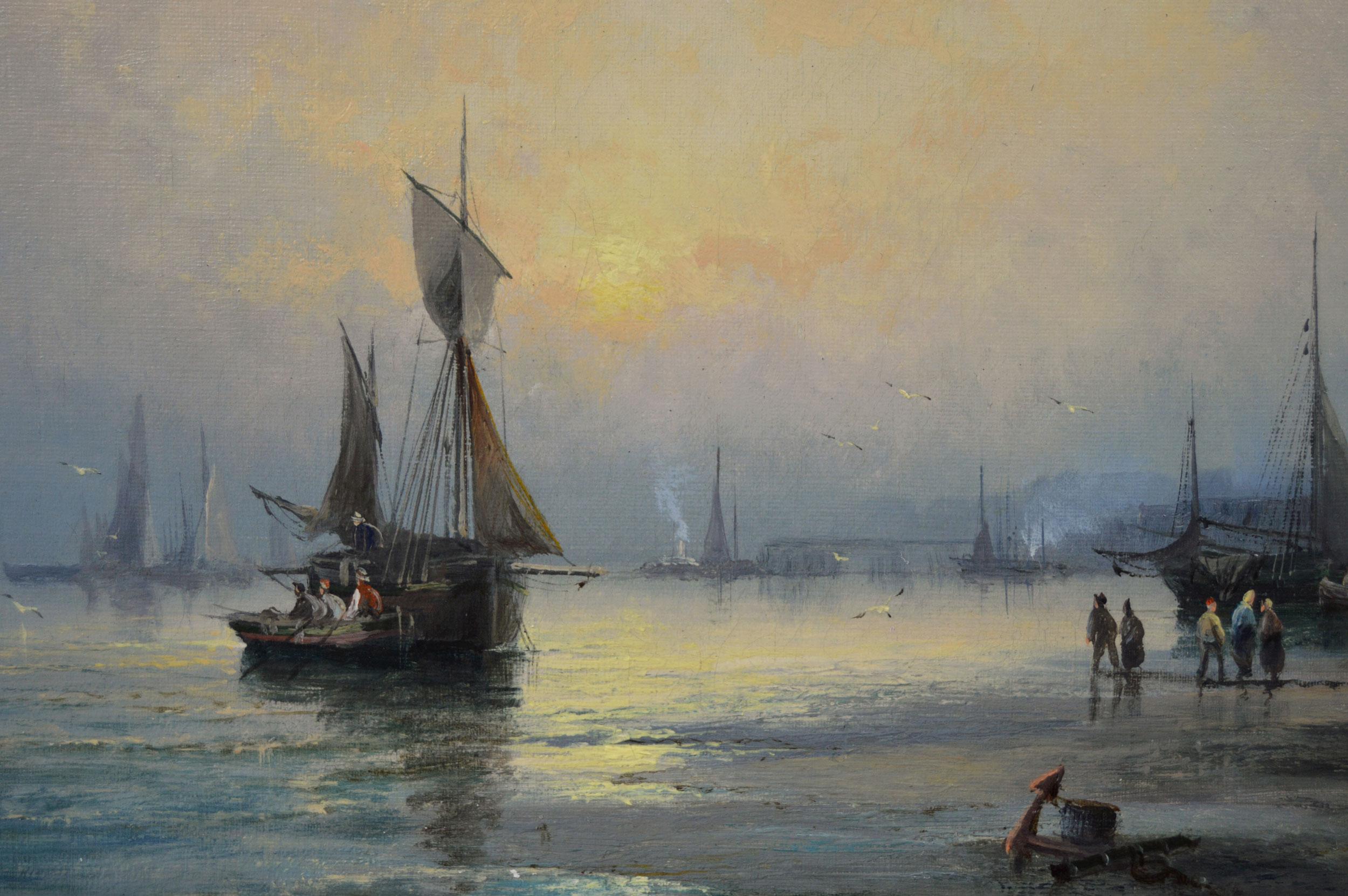 19th Century pair of seascape oil paintings of fishing boats near Rochester - Victorian Painting by Hubert Thornley