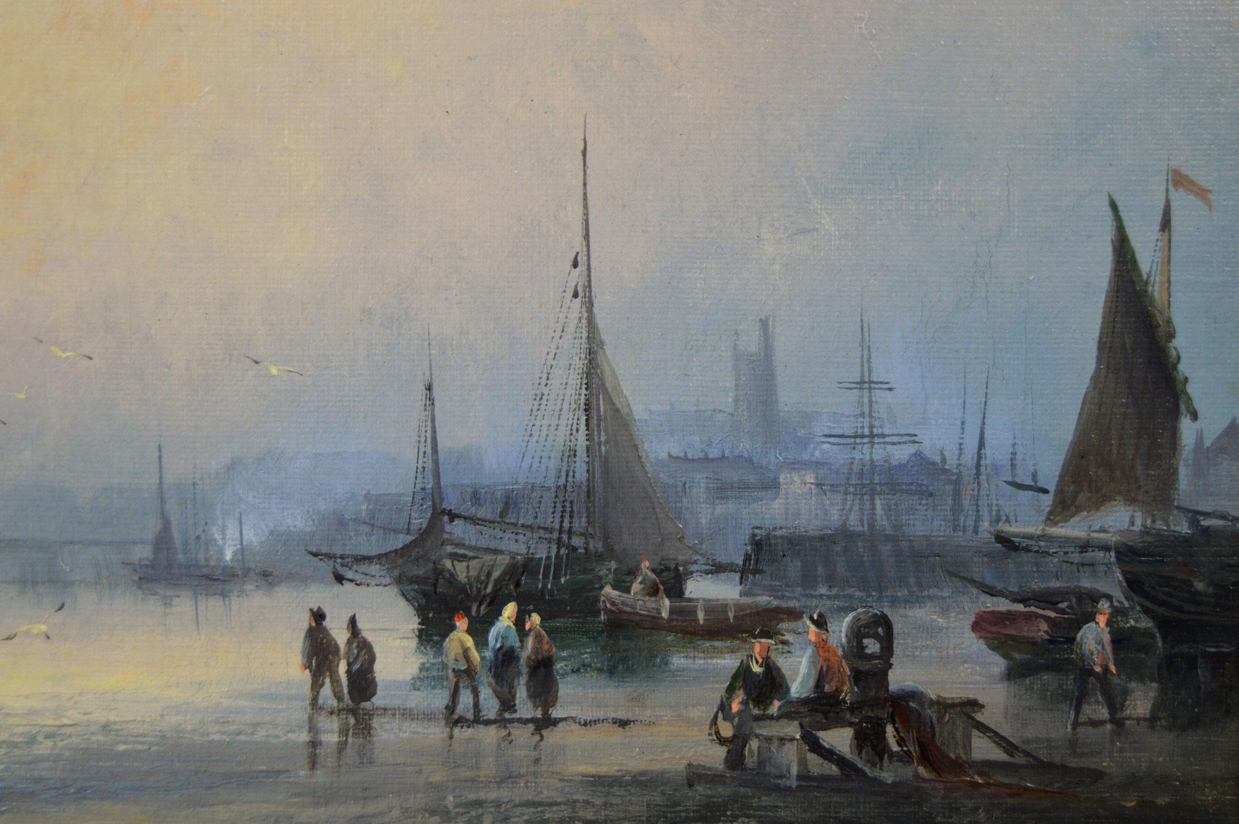 19th Century pair of seascape oil paintings of fishing boats near Rochester - Brown Landscape Painting by Hubert Thornley