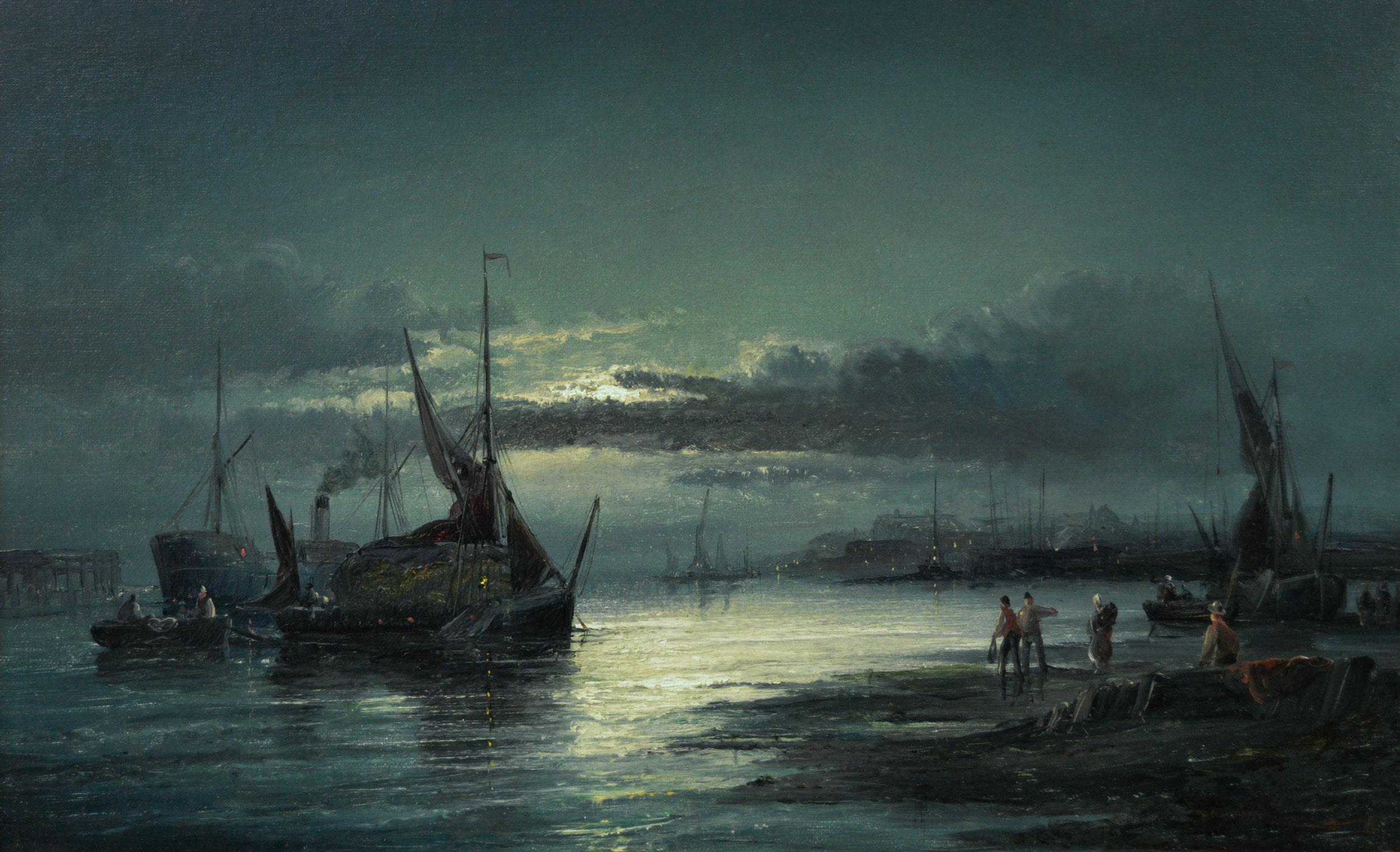 19th Century pair of seascape oil paintings of fishing boats near Rochester For Sale 1