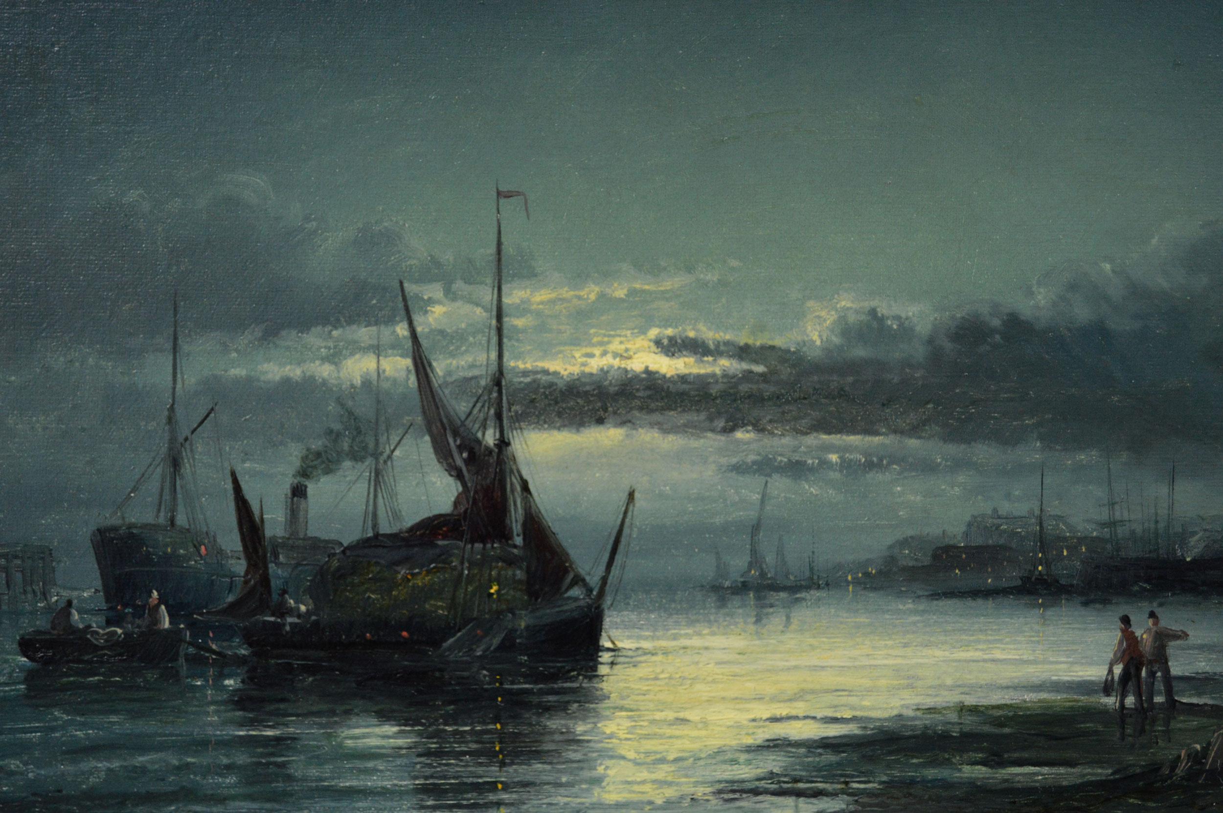 19th Century pair of seascape oil paintings of fishing boats near Rochester For Sale 2