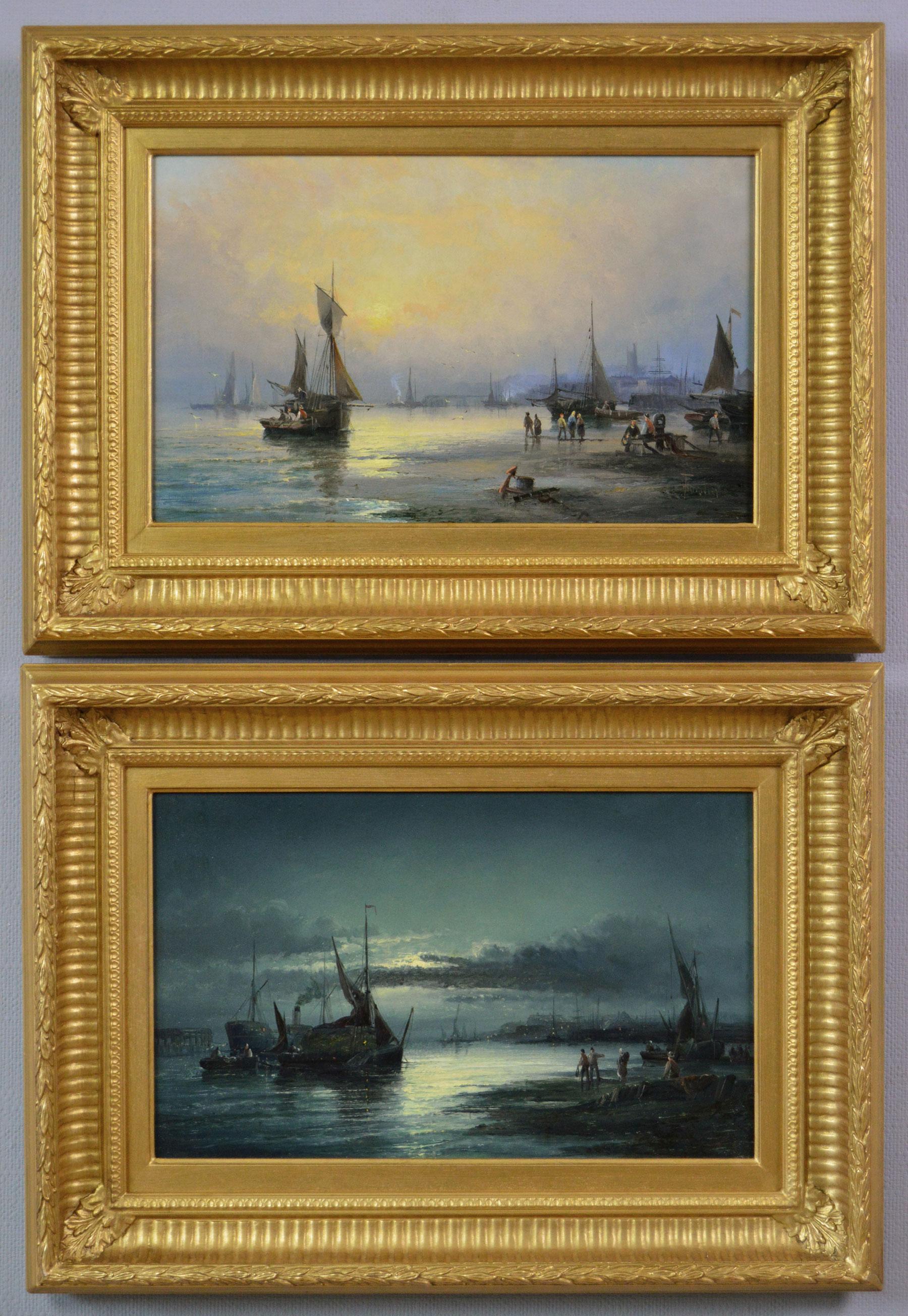 19th Century pair of seascape oil paintings of fishing boats near Rochester