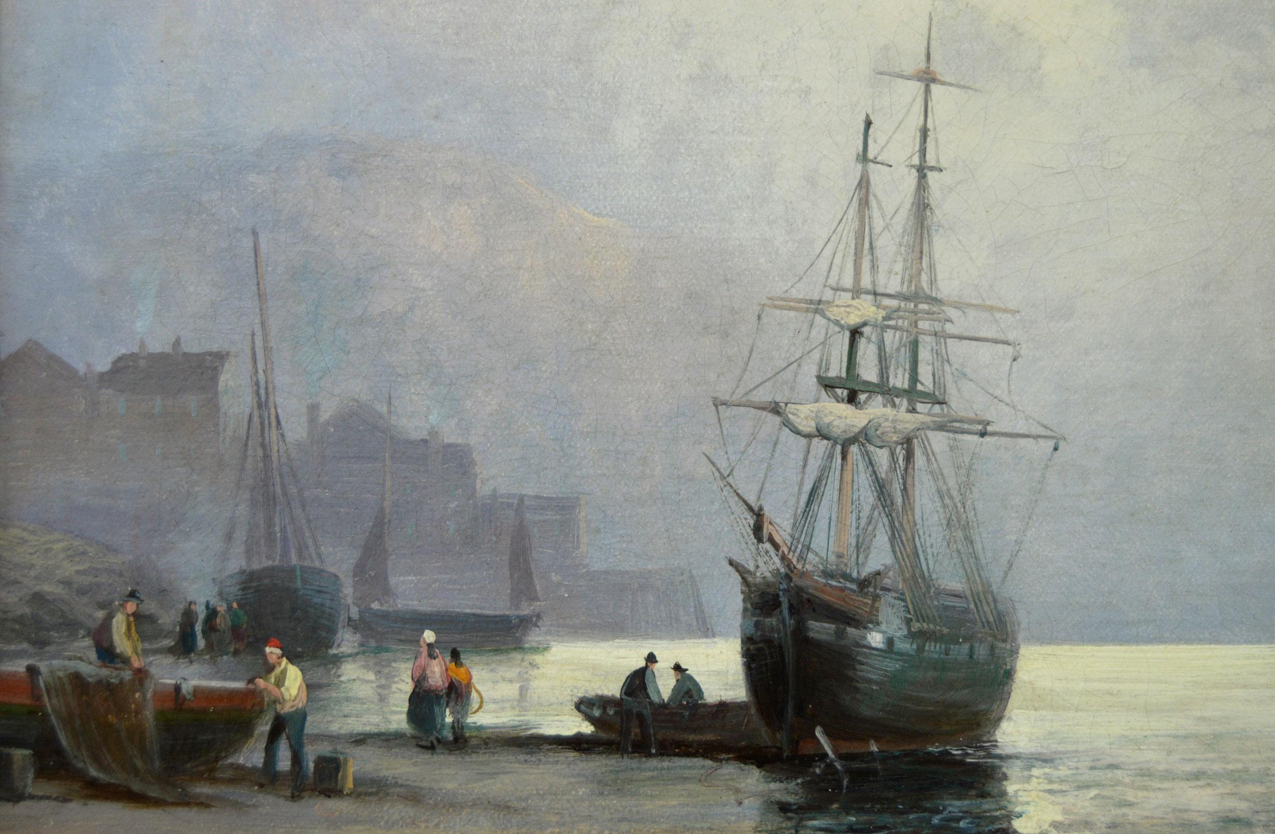 19th Century pair of seascape oil paintings of fishing boats on the shore - Victorian Painting by Hubert Thornley