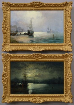 19th Century pair of seascape oil paintings of fishing boats on the shore