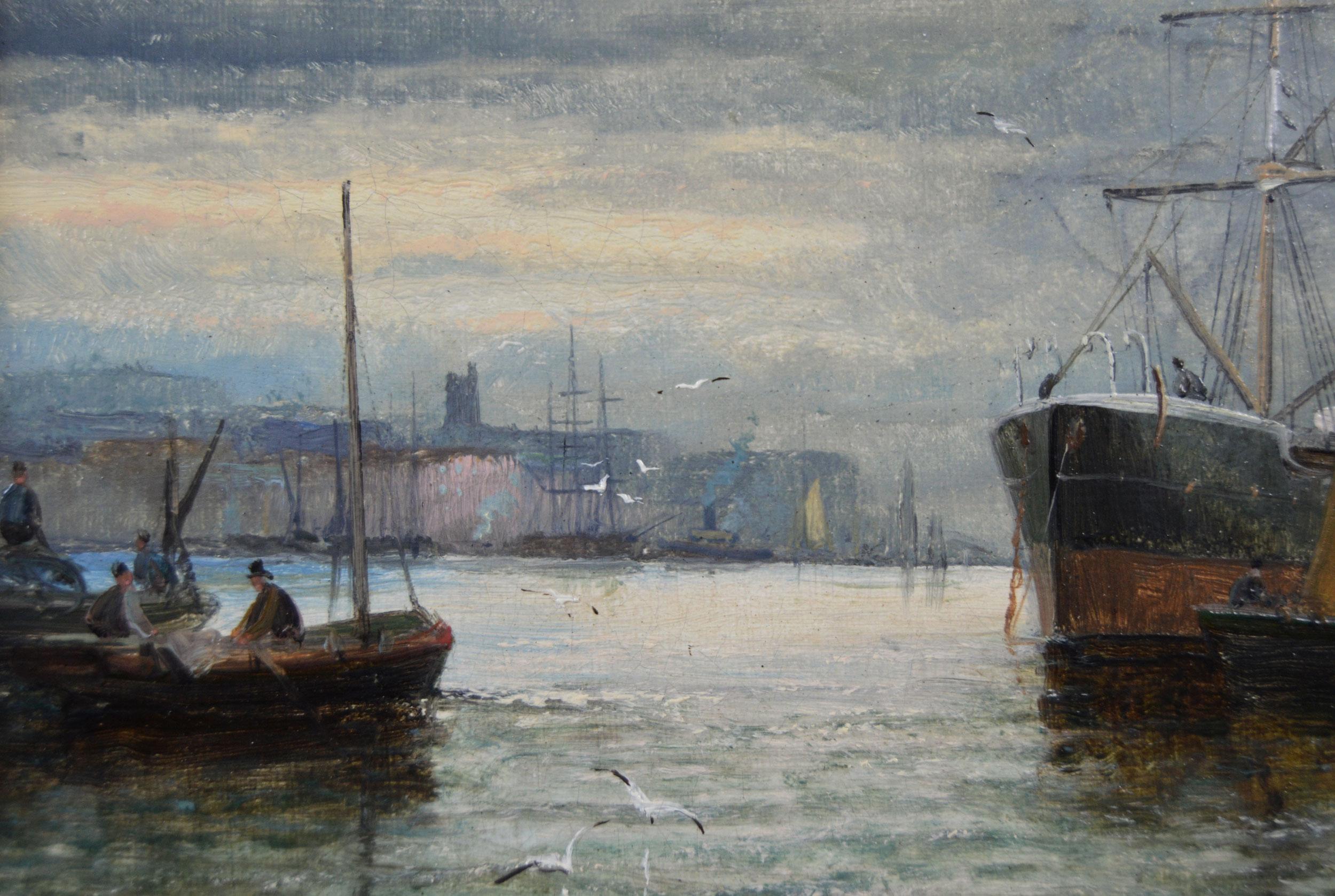 19th Century pair of seascape oil paintings of shipping on the Medway For Sale 4