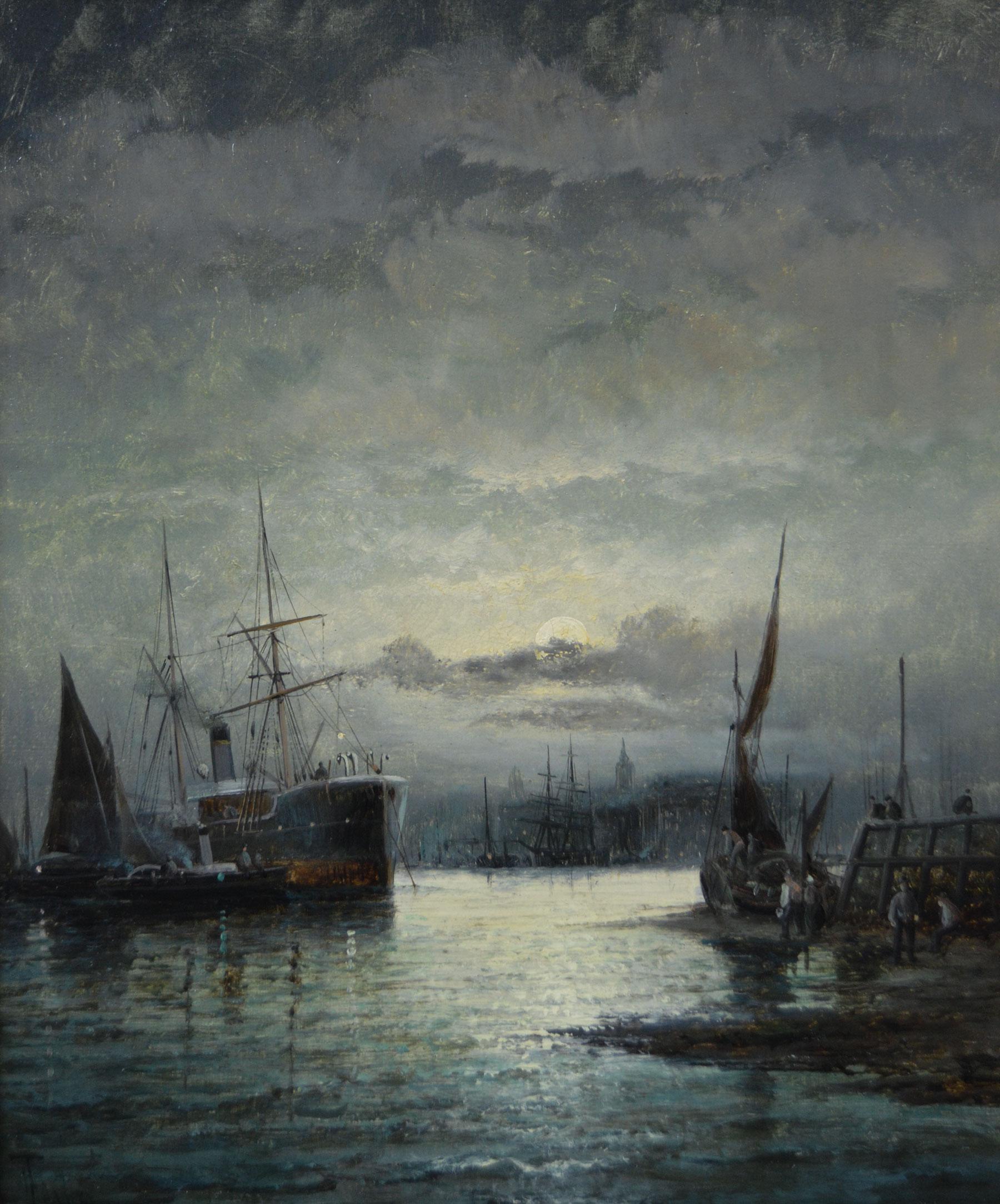 19th Century pair of seascape oil paintings of shipping on the Medway - Painting by Hubert Thornley