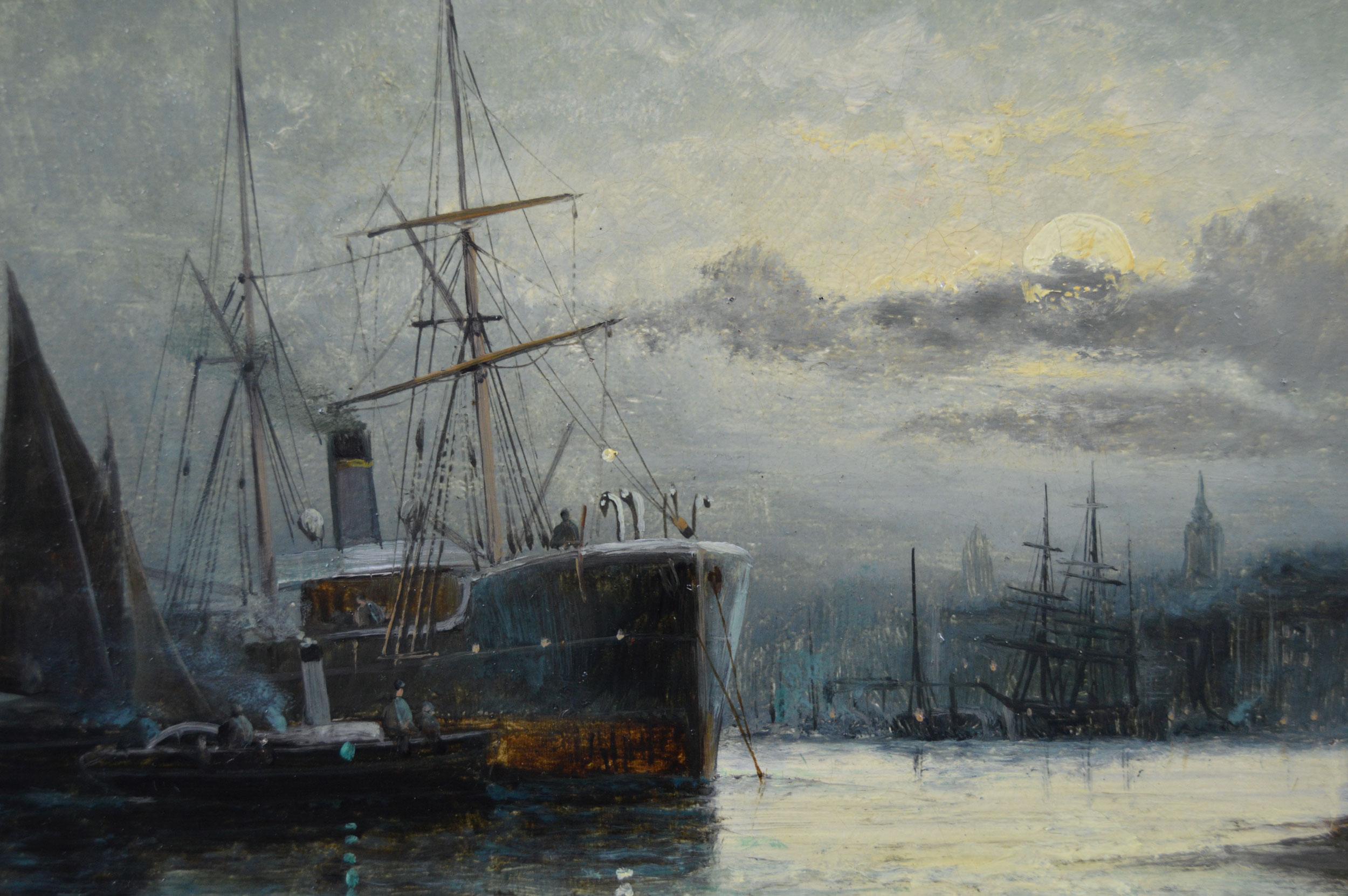 19th Century pair of seascape oil paintings of shipping on the Medway - Victorian Painting by Hubert Thornley