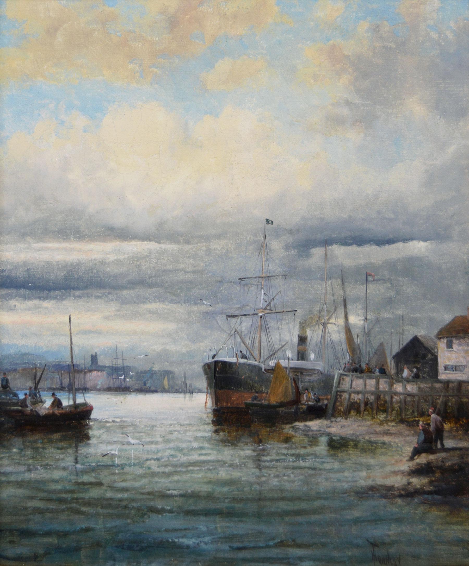 19th Century pair of seascape oil paintings of shipping on the Medway For Sale 1