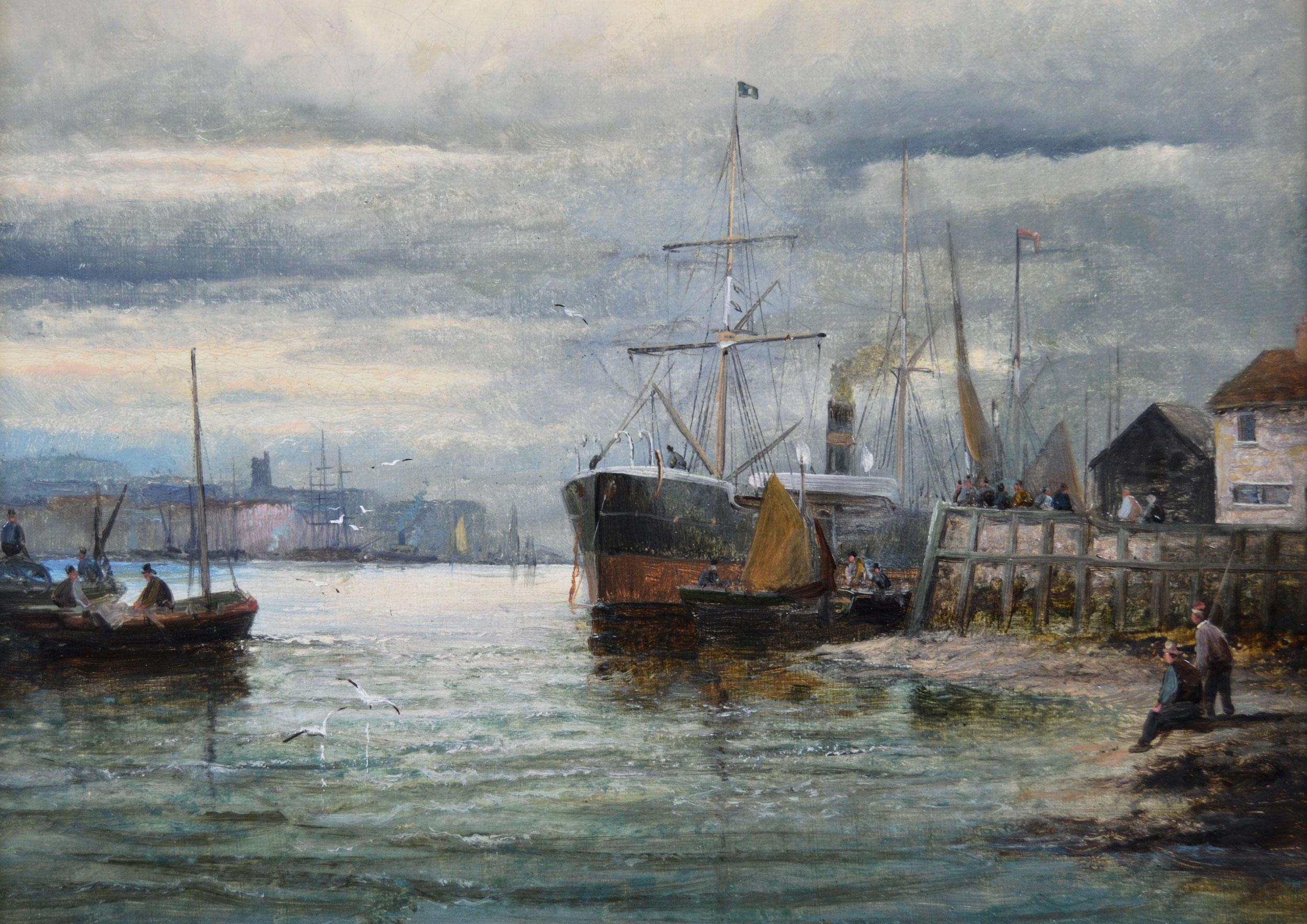 19th Century pair of seascape oil paintings of shipping on the Medway For Sale 2