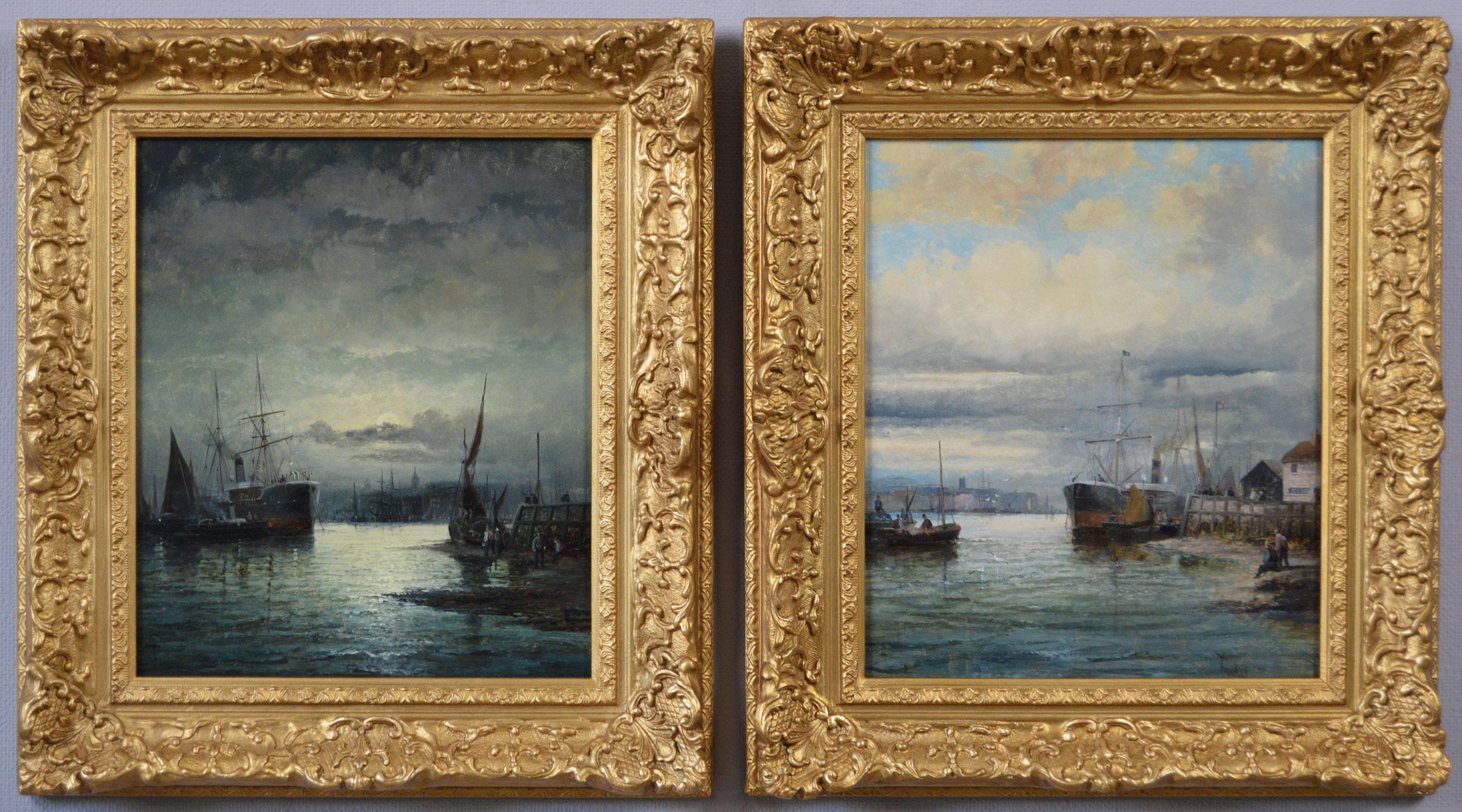 19th Century pair of seascape oil paintings of shipping on the Medway