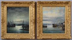 Antique 19th Century pair of seascape oil paintings of shipping on the Medway