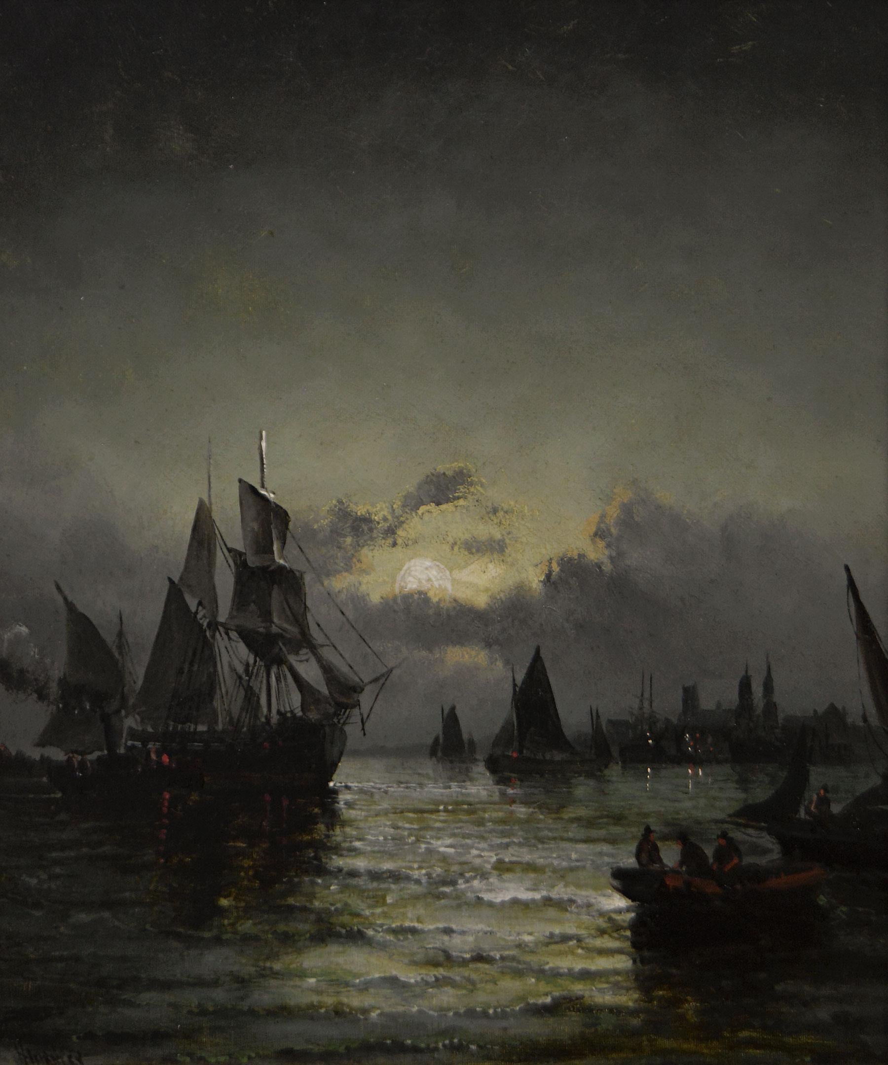 19th Century seascape oil painting of shipping by moonlight on Dutch river - Painting by Hubert Thornley