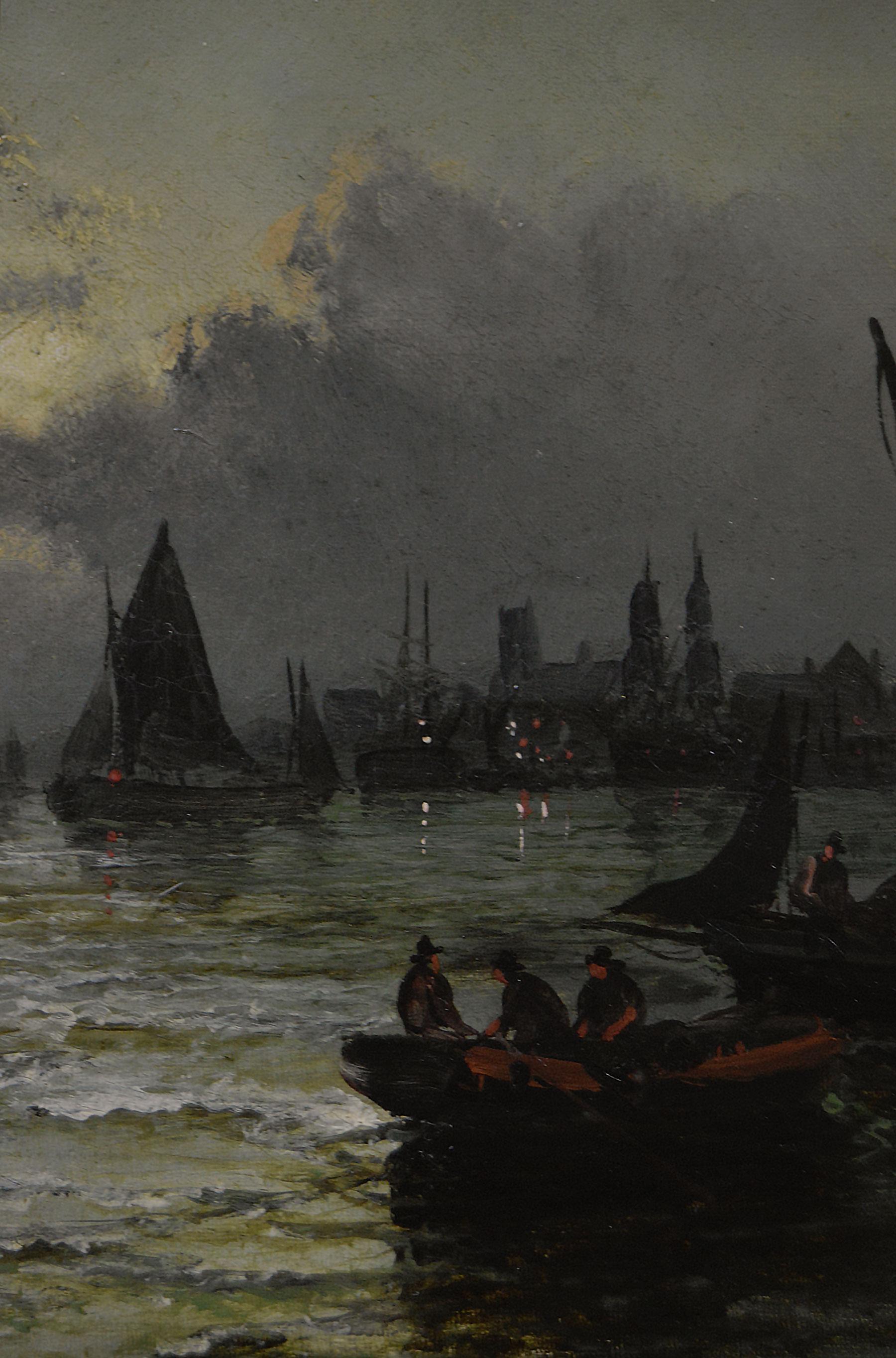 19th Century seascape oil painting of shipping by moonlight on Dutch river - Victorian Painting by Hubert Thornley