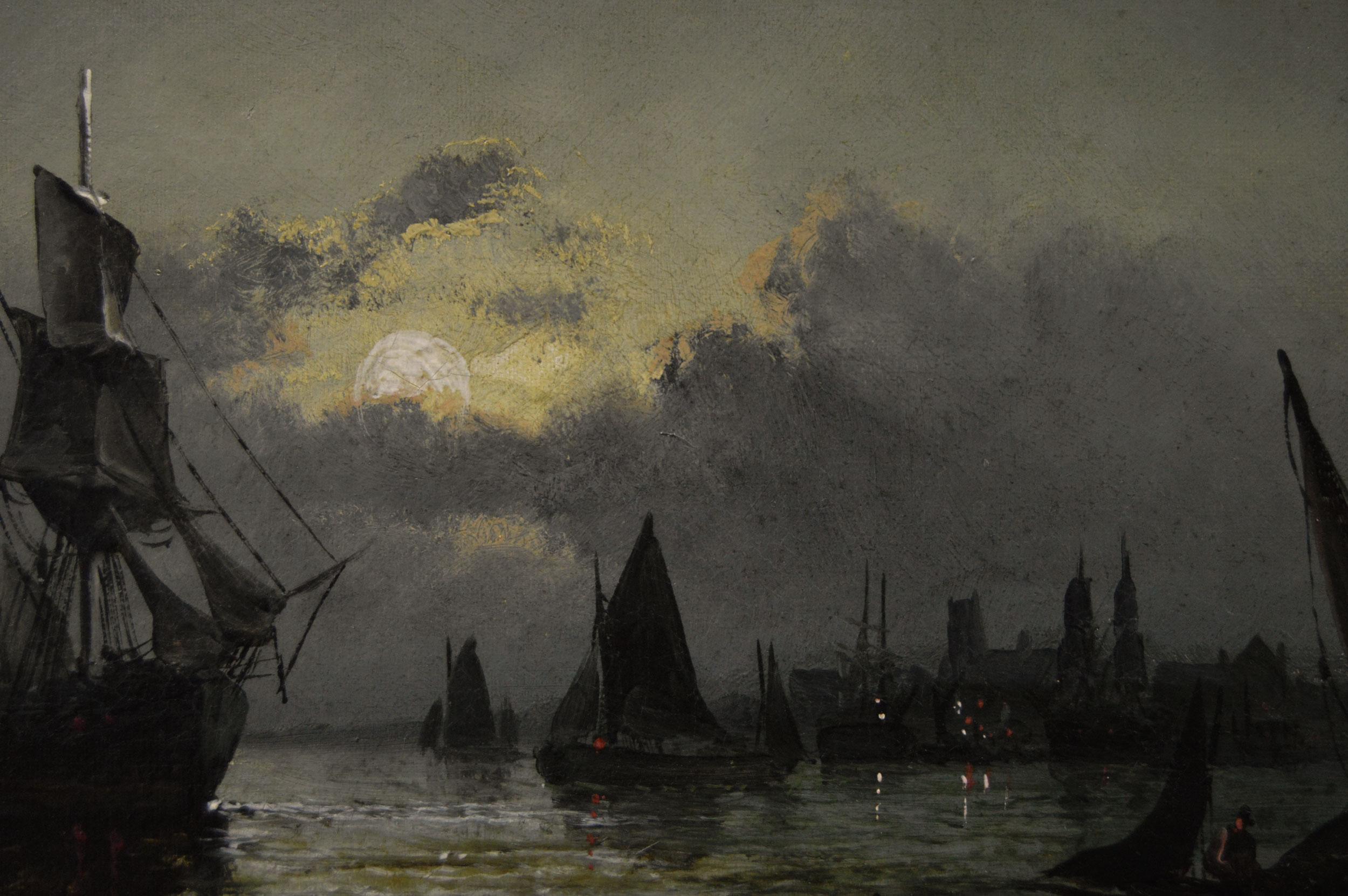 19th Century seascape oil painting of shipping by moonlight on Dutch river For Sale 1