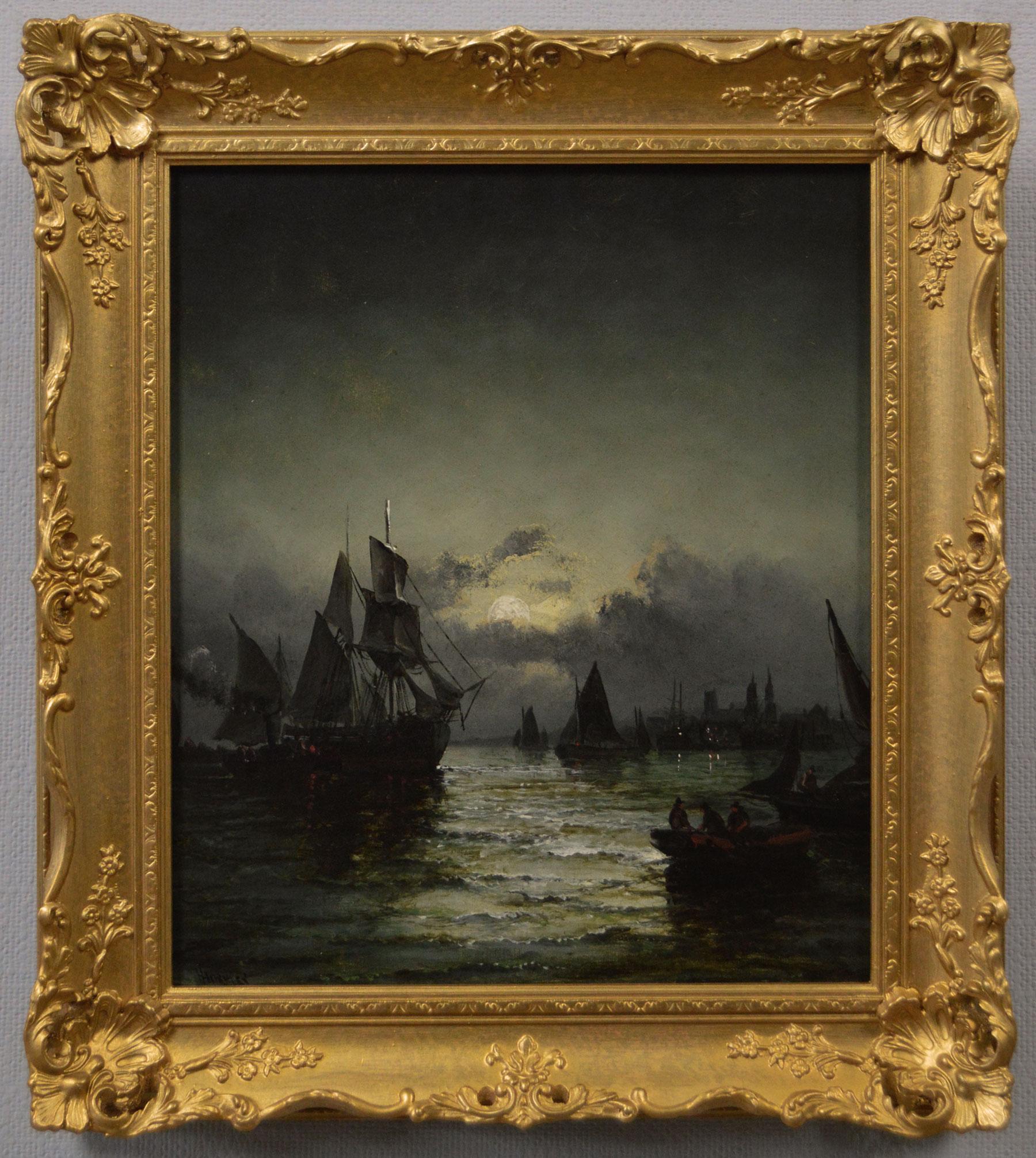 Hubert Thornley Landscape Painting - 19th Century seascape oil painting of shipping by moonlight on Dutch river