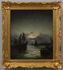 Antique 19th Century seascape oil painting of shipping by moonlight on Dutch river
