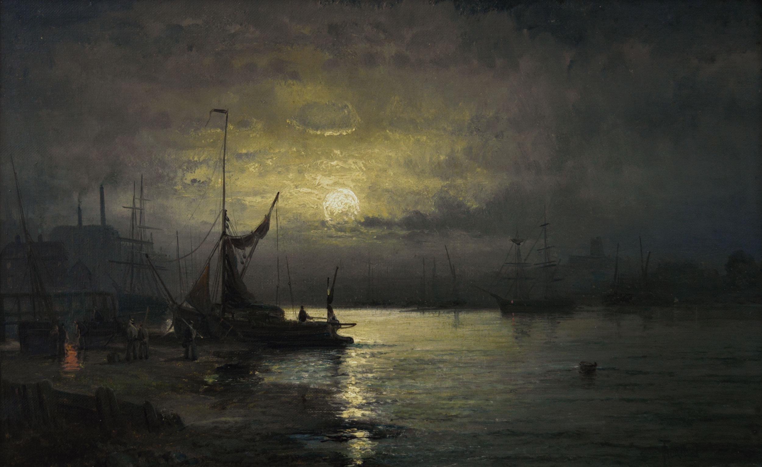 19th Century seascape oil painting of shipping by moonlight on the Medway - Painting by Hubert Thornley