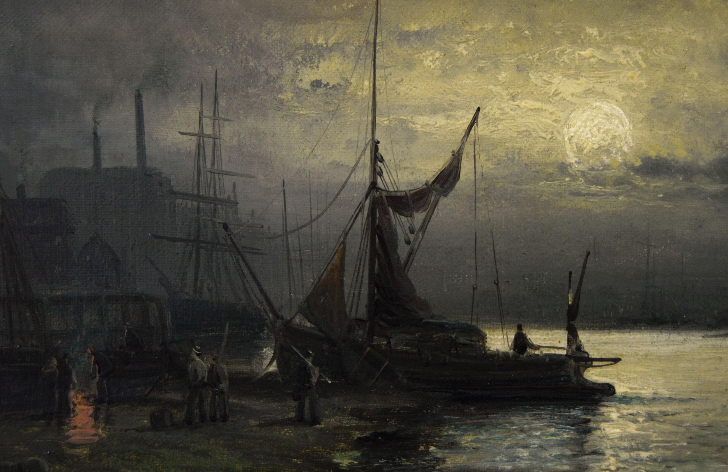 19th Century seascape oil painting of shipping by moonlight on the Medway - Victorian Painting by Hubert Thornley