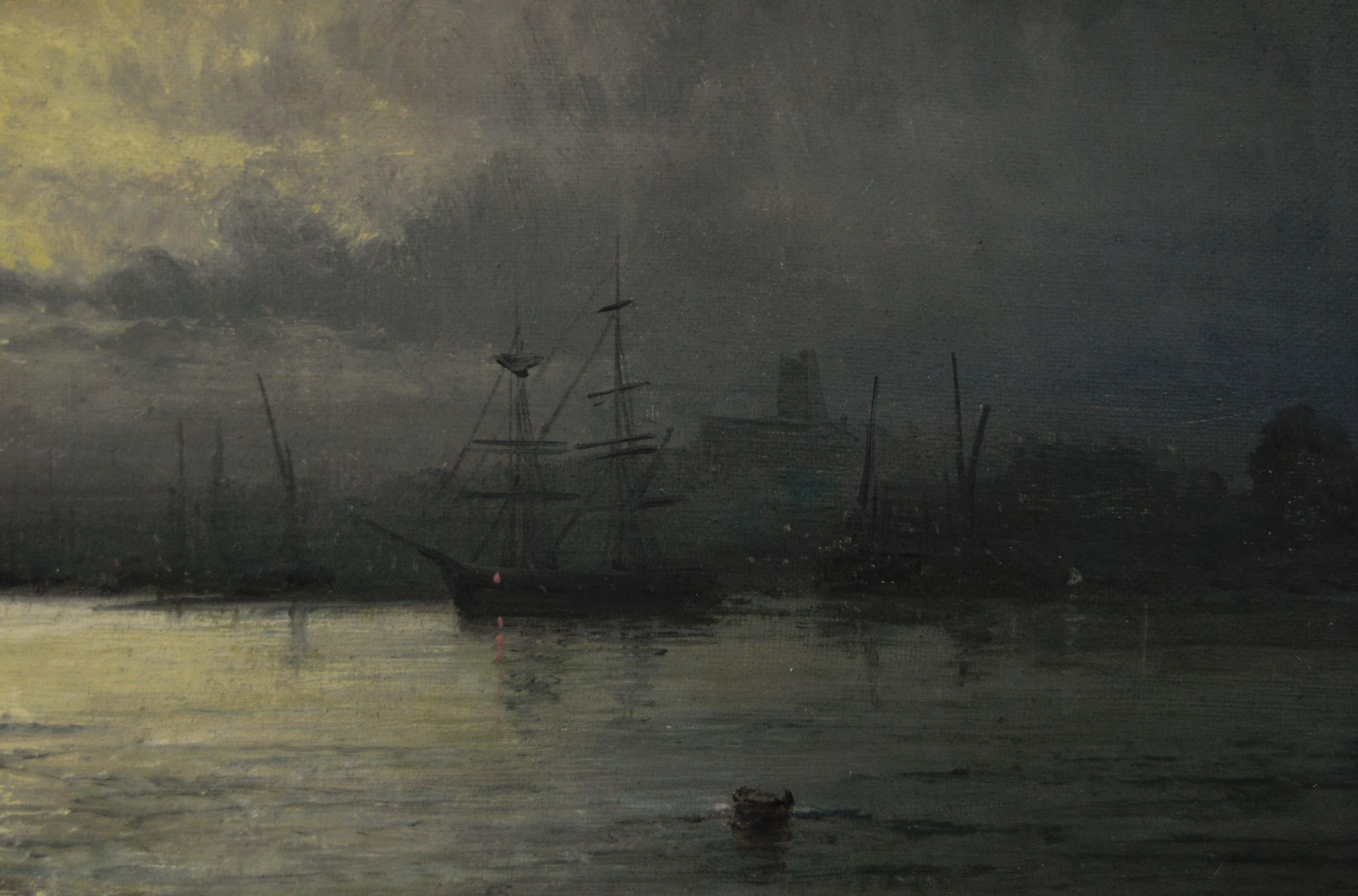 19th Century seascape oil painting of shipping by moonlight on the Medway - Brown Landscape Painting by Hubert Thornley