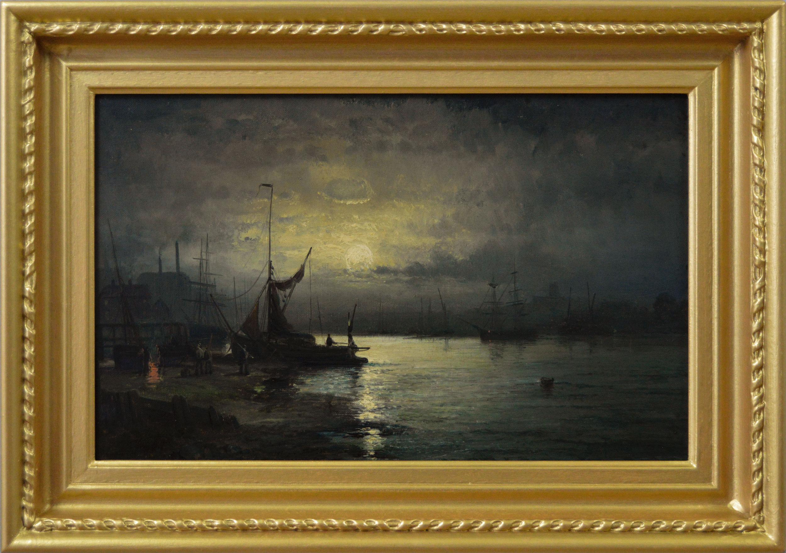 Hubert Thornley Landscape Painting - 19th Century seascape oil painting of shipping by moonlight on the Medway