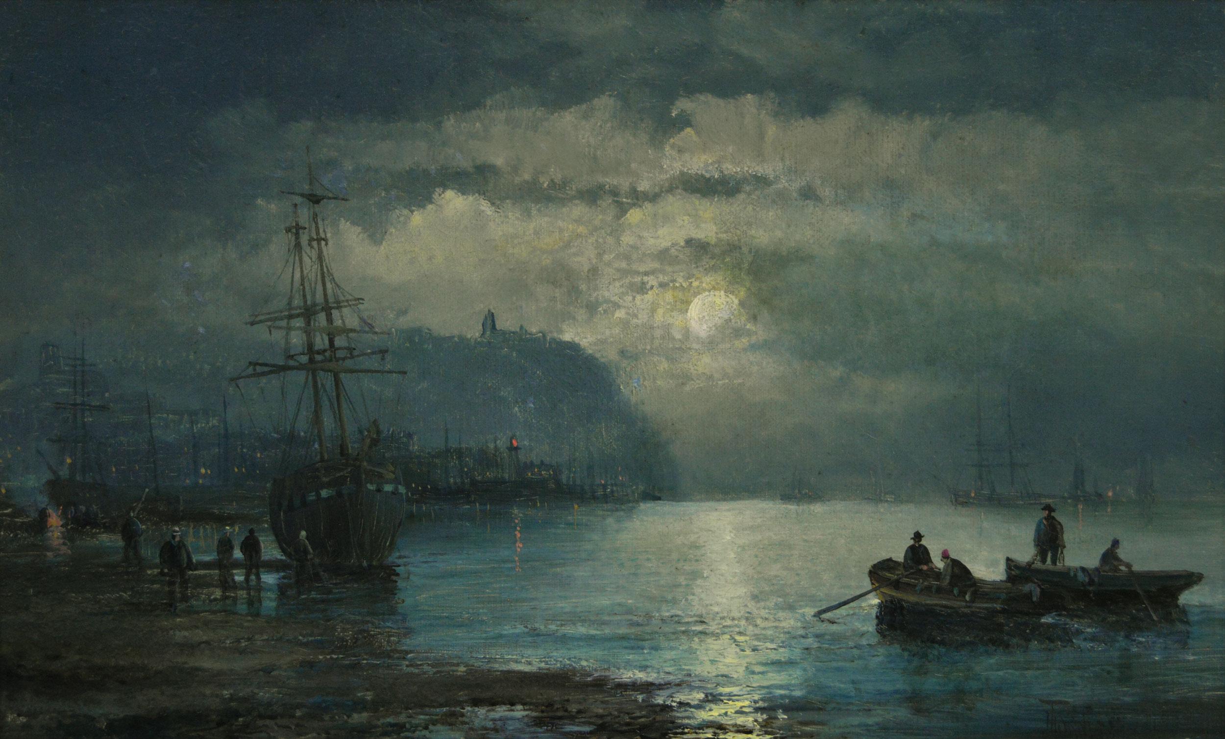 Peinture à l'huile du 19e siècle représentant un bateau au clair de lune à Whitby - Painting de Hubert Thornley