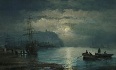 19th Century seascape oil painting of shipping by moonlight at Whitby