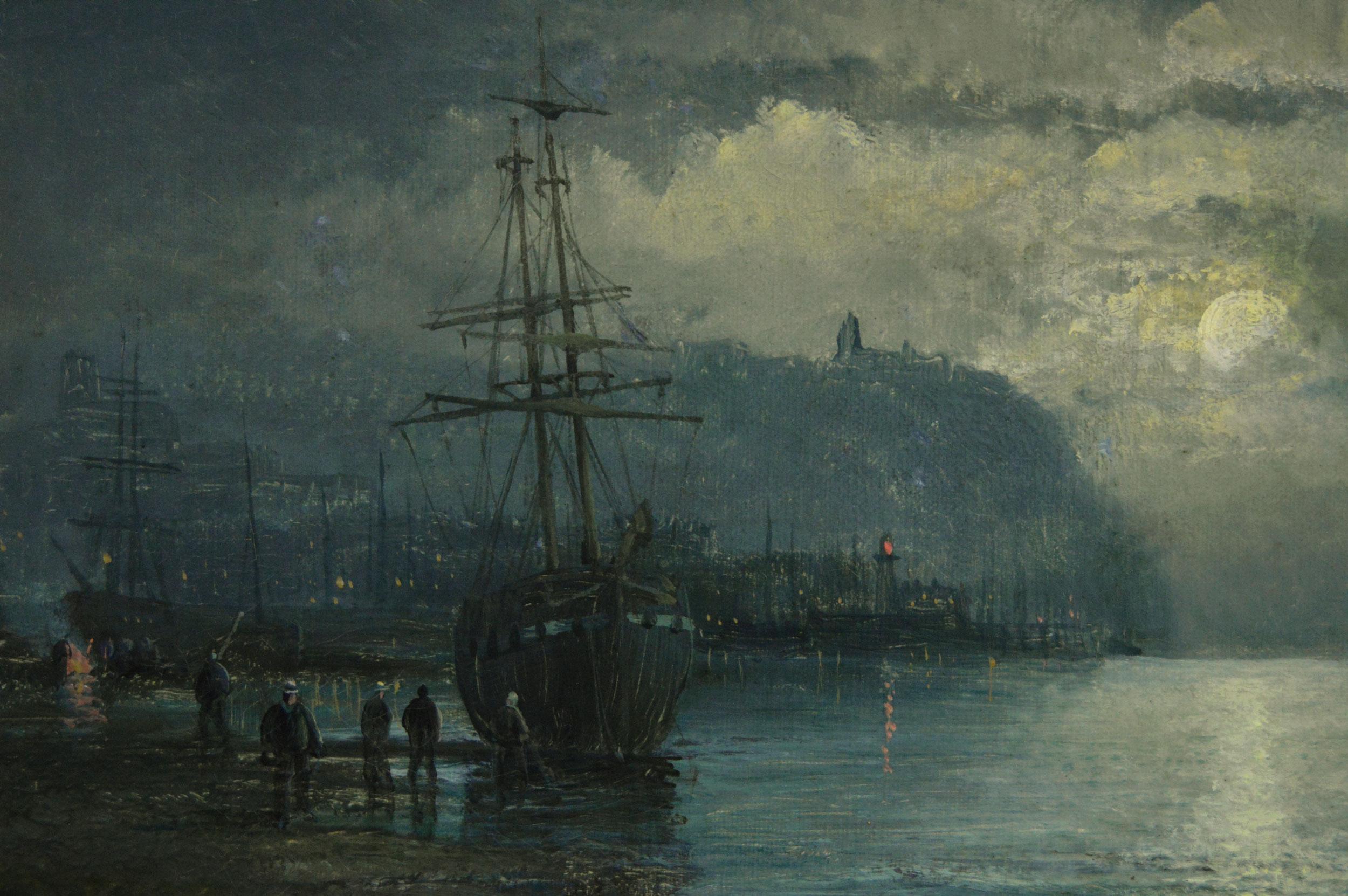 Peinture à l'huile du 19e siècle représentant un bateau au clair de lune à Whitby - Victorien Painting par Hubert Thornley