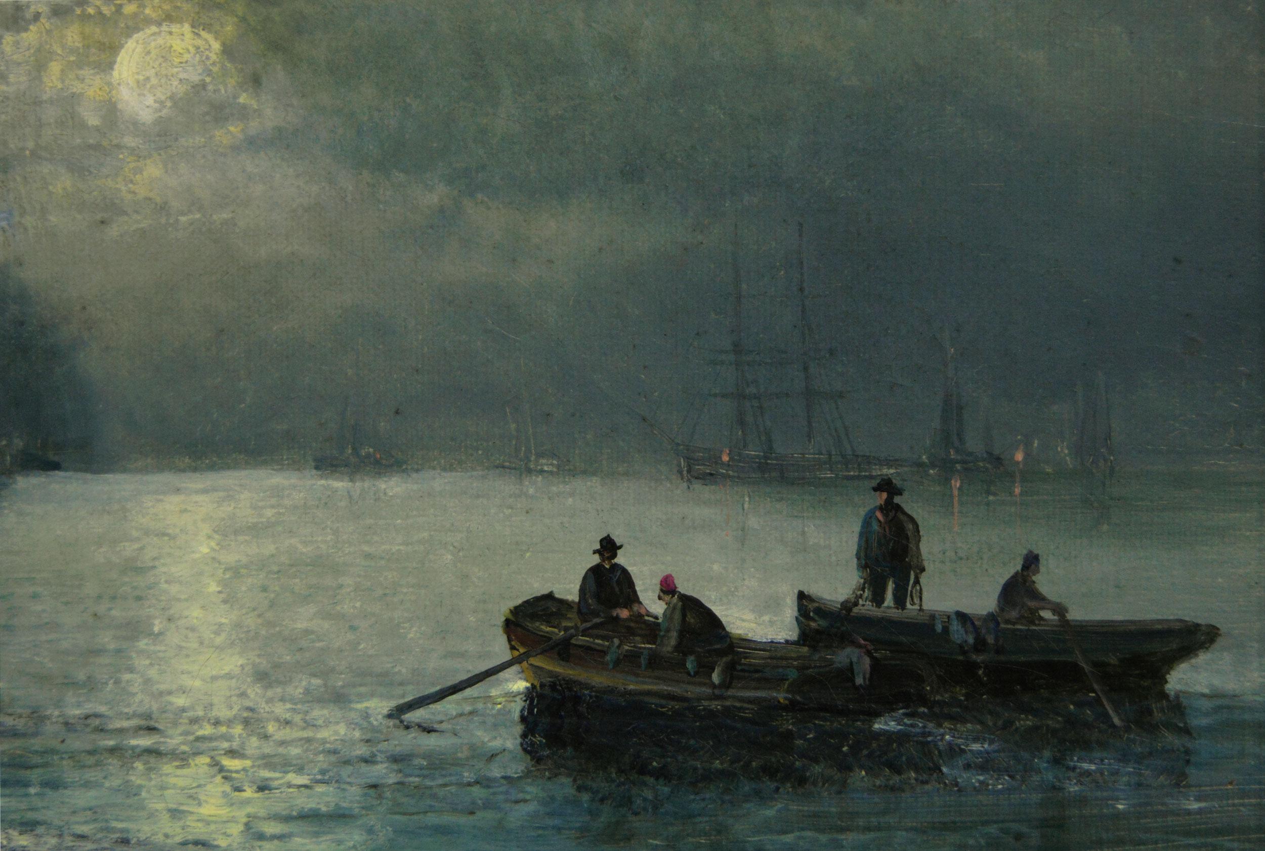Peinture à l'huile du 19e siècle représentant un bateau au clair de lune à Whitby - Marron Landscape Painting par Hubert Thornley