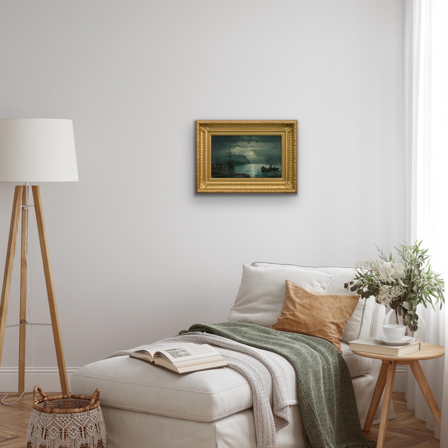 Peinture à l'huile du 19e siècle représentant un bateau au clair de lune à Whitby en vente 2