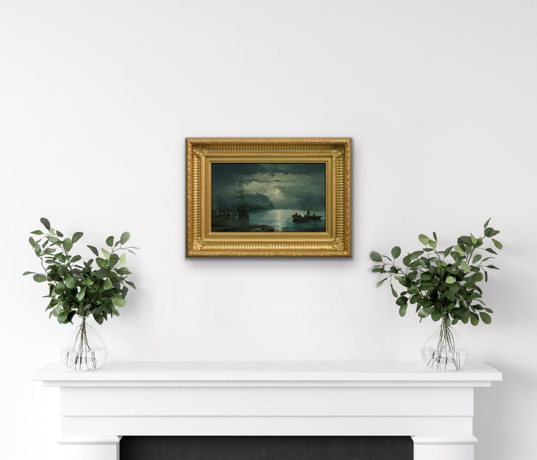 Peinture à l'huile du 19e siècle représentant un bateau au clair de lune à Whitby en vente 4