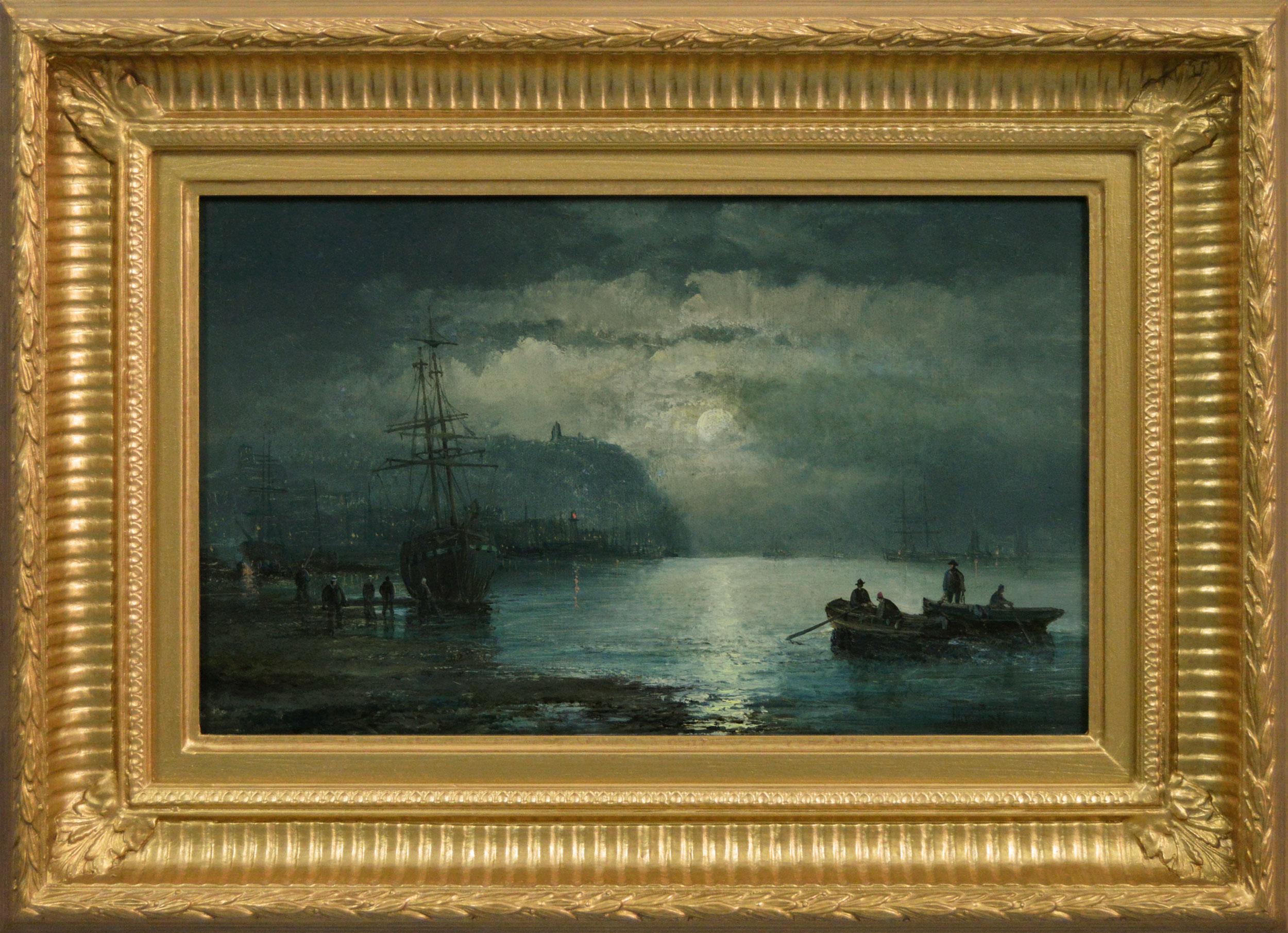 Landscape Painting Hubert Thornley - Peinture à l'huile du 19e siècle représentant un bateau au clair de lune à Whitby