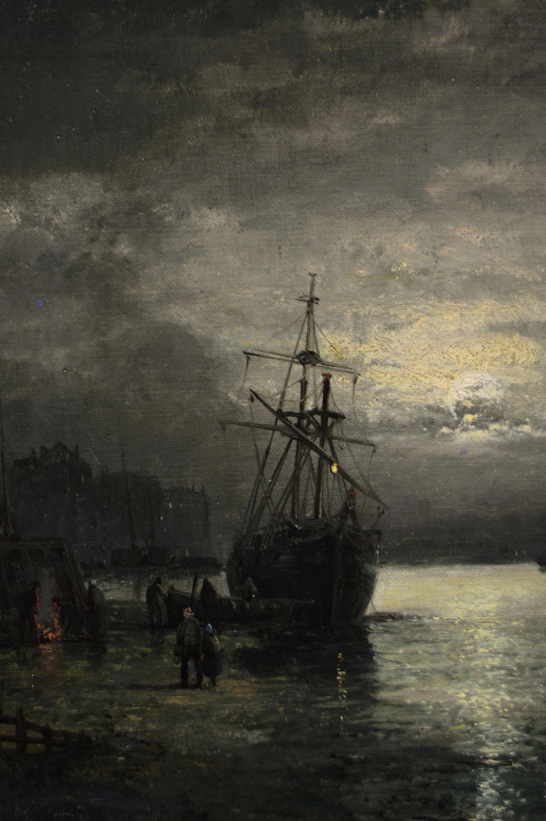 Óleo marino del siglo XIX de barcos a la luz de la luna en Rochester - Painting de Hubert Thornley